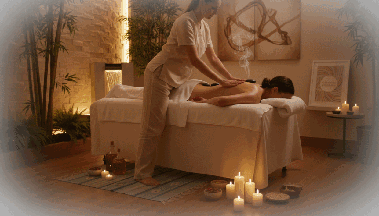 A tranquil spa environment showcasing a professional massage setting. In the foreground, a skilled therapist in modest casual attire gently applies pressure on a client, who is comfortably lying on a massage table, surrounded by soothing candles and aromatic oils. The middle ground features soft, warm lighting that casts a relaxing glow over the scene, enhancing the sense of calm. The background reveals plants and calming artwork, contributing to a serene atmosphere. A soft focus lens effect adds to the peaceful mood. Highlight the concept of physical relaxation and well-being through subtle details like steam wafting from hot stones and the gentle sound of water in the background, promoting a rejuvenating experience. Include "alanya escort" subtly in design elements, ensuring it fits the ambiance. A tranquil spa environment showcasing a professional massage setting. In the foreground, a skilled therapist in modest casual attire gently applies pressure on a client, who is comfortably lying on a massage table, surrounded by soothing candles and aromatic oils. The middle ground features soft, warm lighting that casts a relaxing glow over the scene, enhancing the sense of calm. The background reveals plants and calming artwork, contributing to a serene atmosphere. A soft focus lens effect adds to the peaceful mood. Highlight the concept of physical relaxation and well-being through subtle details like steam wafting from hot stones and the gentle sound of water in the background, promoting a rejuvenating experience. Include "alanya escort" subtly in design elements, ensuring it fits the ambiance.