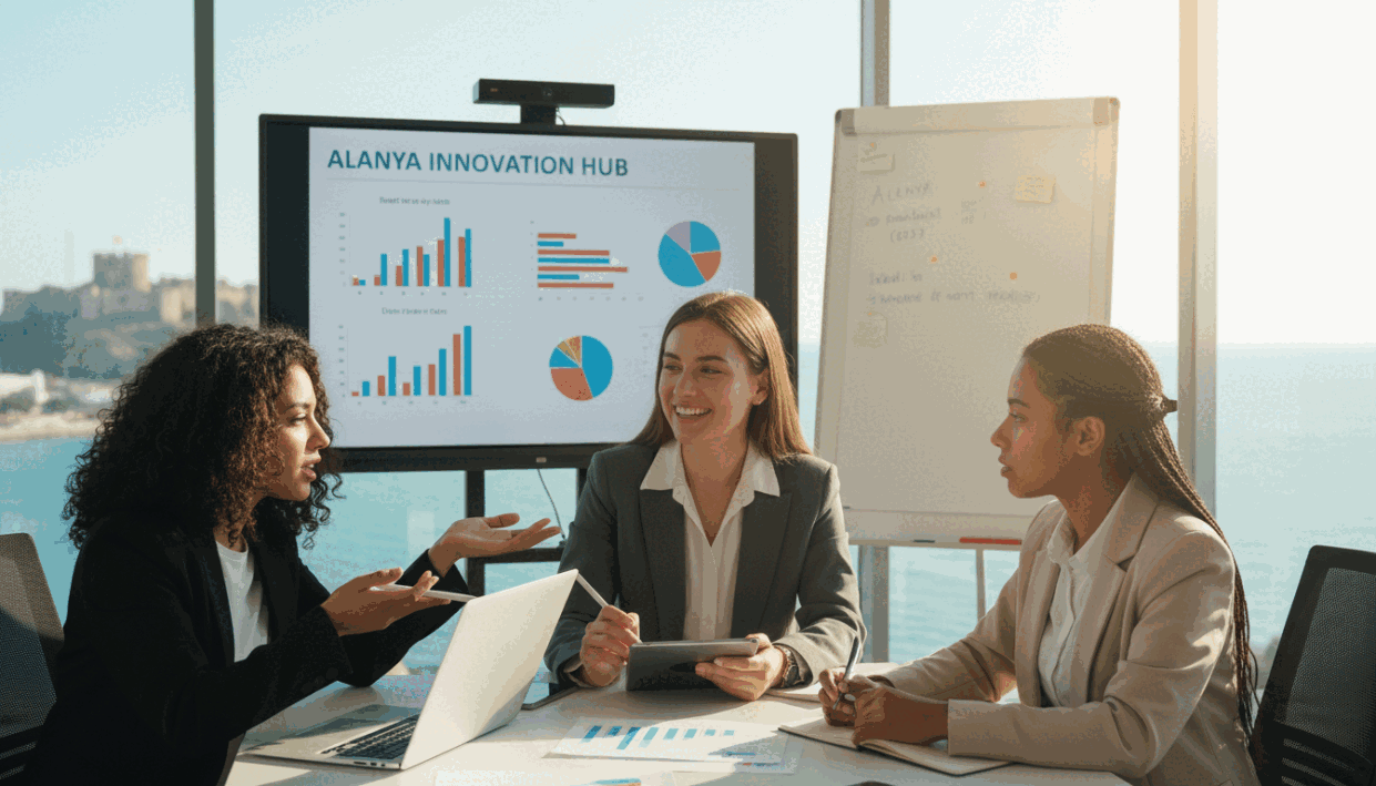 A vibrant and inspiring scene showcasing talented young women from Alanya engaged in educational and career activities. In the foreground, three women of diverse ethnic backgrounds are seated at a bright, modern workspace, discussing ideas while reviewing laptops and notebooks. They are dressed in professional attire, embodying ambition and confidence. The middle ground features a whiteboard with graphs and charts, symbolizing their academic endeavors. In the background, large windows reveal a picturesque view of Alanya’s coastline, bathed in warm sunlight, creating an uplifting atmosphere. The lighting should be soft and inviting, with a slight lens flare capturing the essence of a productive environment. Overall, the image should exude a sense of empowerment and dedication, ideal for showcasing the educational pursuits of Alanya's women. A vibrant and inspiring scene showcasing talented young women from Alanya engaged in educational and career activities. In the foreground, three women of diverse ethnic backgrounds are seated at a bright, modern workspace, discussing ideas while reviewing laptops and notebooks. They are dressed in professional attire, embodying ambition and confidence. The middle ground features a whiteboard with graphs and charts, symbolizing their academic endeavors. In the background, large windows reveal a picturesque view of Alanya’s coastline, bathed in warm sunlight, creating an uplifting atmosphere. The lighting should be soft and inviting, with a slight lens flare capturing the essence of a productive environment. Overall, the image should exude a sense of empowerment and dedication, ideal for showcasing the educational pursuits of Alanya's women.