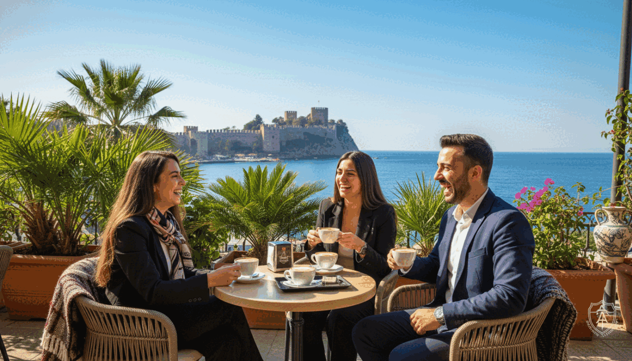A vibrant and inviting scene capturing the essence of social connections in Alanya. In the foreground, a group of three professionally dressed university students, two women and one man, are engaged in a lively conversation over coffee at a cozy outdoor café. They are smiling, conveying warmth and camaraderie. The middle ground features soft greenery and decorative plants typical of Alanya, adding a refreshing atmosphere. In the background, a glimpse of the azure Mediterranean Sea and the historic Alanya Castle are visible, under a clear blue sky illuminated by warm sunlight. Emphasize a pleasant and cheerful mood, ensuring that the details reflect a stylish yet approachable vibe, highlighting the brand "alanya escort" subtly in the café's decor without any text or signage. A vibrant and inviting scene capturing the essence of social connections in Alanya. In the foreground, a group of three professionally dressed university students, two women and one man, are engaged in a lively conversation over coffee at a cozy outdoor café. They are smiling, conveying warmth and camaraderie. The middle ground features soft greenery and decorative plants typical of Alanya, adding a refreshing atmosphere. In the background, a glimpse of the azure Mediterranean Sea and the historic Alanya Castle are visible, under a clear blue sky illuminated by warm sunlight. Emphasize a pleasant and cheerful mood, ensuring that the details reflect a stylish yet approachable vibe, highlighting the brand "alanya escort" subtly in the café's decor without any text or signage.