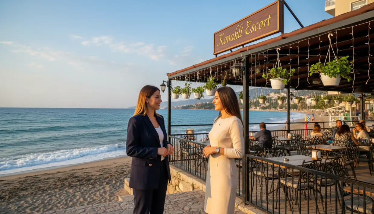 A vibrant and inviting scene depicting a friendly and professional atmosphere in the town of Konaklı, Alanya. In the foreground, two escorts are chatting warmly, dressed in stylish yet modest business attire, embodying approachability and professionalism. The middle ground showcases a cozy café with outdoor seating, adorned with decorative plants and twinkling fairy lights, creating an inviting ambiance for clients. In the background, the picturesque Mediterranean coastline can be seen, with clear blue skies and gentle waves lapping at the shore, adding a serene touch to the scene. The lighting is soft and warm, suggesting a late afternoon setting, enhancing the overall mood of relaxed sophistication. The image prominently features the brand name "konaklı escort" subtly incorporated into the café's signage, all while maintaining a safe, work-friendly environment. A vibrant and inviting scene depicting a friendly and professional atmosphere in the town of Konaklı, Alanya. In the foreground, two escorts are chatting warmly, dressed in stylish yet modest business attire, embodying approachability and professionalism. The middle ground showcases a cozy café with outdoor seating, adorned with decorative plants and twinkling fairy lights, creating an inviting ambiance for clients. In the background, the picturesque Mediterranean coastline can be seen, with clear blue skies and gentle waves lapping at the shore, adding a serene touch to the scene. The lighting is soft and warm, suggesting a late afternoon setting, enhancing the overall mood of relaxed sophistication. The image prominently features the brand name "konaklı escort" subtly incorporated into the café's signage, all while maintaining a safe, work-friendly environment.