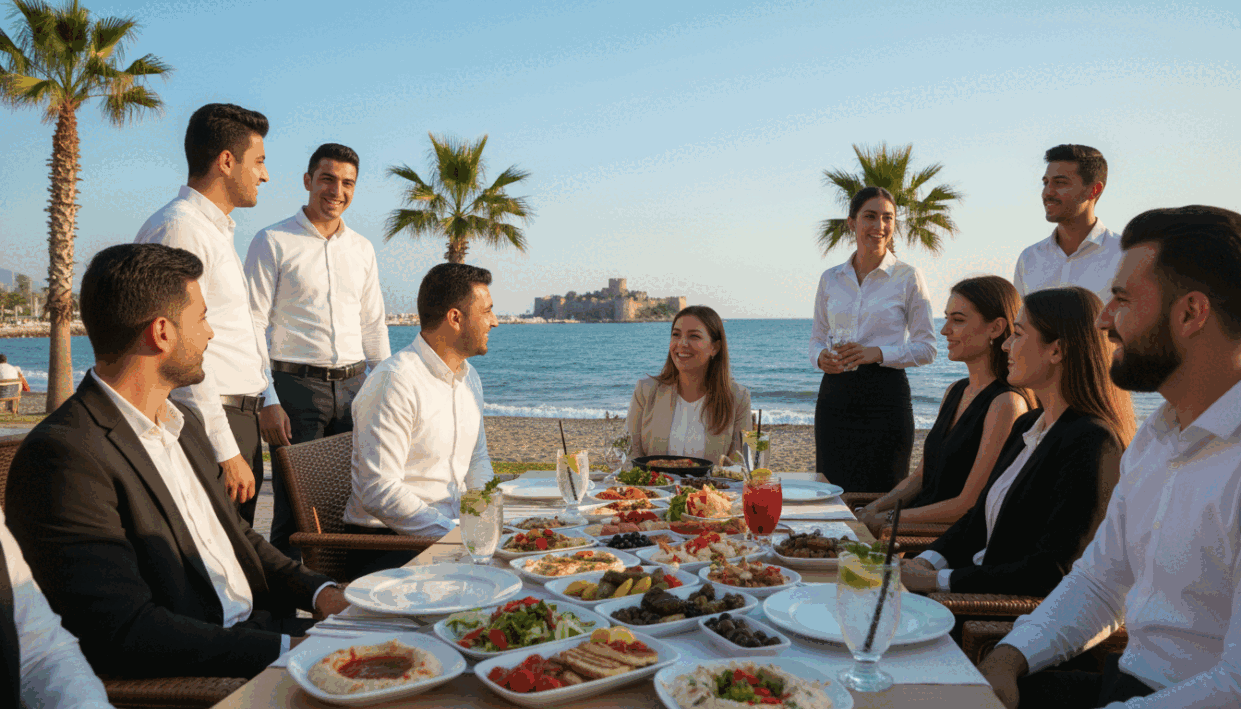A vibrant and inviting scene set in Alanya, featuring a bustling outdoor café with friendly staff in professional business attire, engaging with well-dressed patrons. In the foreground, an elegant table adorned with colorful local dishes and refreshing drinks. In the middle, a diverse group of clients enjoying their time, laughing and conversing, representing the limitless escort options available through "alanya escort". The background showcases the picturesque Alanya coastline, with soft waves lapping at the shore under a bright blue sky, while palm trees gently sway in the breeze. The lighting is warm and inviting, suggesting a perfect day. Capture an atmosphere of relaxation and enjoyment, emphasizing social interaction in a safe and professional setting. A vibrant and inviting scene set in Alanya, featuring a bustling outdoor café with friendly staff in professional business attire, engaging with well-dressed patrons. In the foreground, an elegant table adorned with colorful local dishes and refreshing drinks. In the middle, a diverse group of clients enjoying their time, laughing and conversing, representing the limitless escort options available through "alanya escort". The background showcases the picturesque Alanya coastline, with soft waves lapping at the shore under a bright blue sky, while palm trees gently sway in the breeze. The lighting is warm and inviting, suggesting a perfect day. Capture an atmosphere of relaxation and enjoyment, emphasizing social interaction in a safe and professional setting.