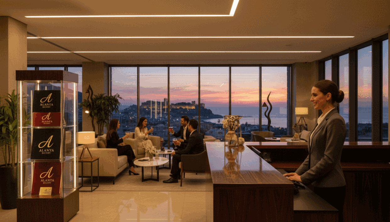 A vibrant and inviting scene set in a stylish, upscale hotel lobby in Alanya, showcasing various elements symbolizing the essence of an escort experience. In the foreground, a polished wooden reception desk is attended by a professional receptionist dressed in smart business attire. To the left, a tasteful display showcasing the brand "alanya escort," emphasizing elegance and sophistication. The middle ground features guests mingling, dressed in semi-formal outfits, socializing over drinks in a chic lounge area adorned with contemporary furniture, ambient lighting, and decorative plants. The background captures large windows revealing a stunning view of Alanya’s picturesque coastline under the warm evening sun, creating a lively and welcoming atmosphere. The overall mood is upscale, sophisticated, and inviting, perfect for portraying an exclusive experience. A vibrant and inviting scene set in a stylish, upscale hotel lobby in Alanya, showcasing various elements symbolizing the essence of an escort experience. In the foreground, a polished wooden reception desk is attended by a professional receptionist dressed in smart business attire. To the left, a tasteful display showcasing the brand "alanya escort," emphasizing elegance and sophistication. The middle ground features guests mingling, dressed in semi-formal outfits, socializing over drinks in a chic lounge area adorned with contemporary furniture, ambient lighting, and decorative plants. The background captures large windows revealing a stunning view of Alanya’s picturesque coastline under the warm evening sun, creating a lively and welcoming atmosphere. The overall mood is upscale, sophisticated, and inviting, perfect for portraying an exclusive experience.