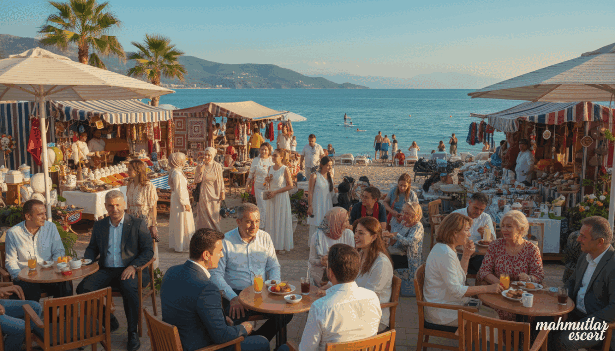 A vibrant beach scene in Mahmutlar, Turkey, showcasing various entertainment activities for tourists. In the foreground, a diverse group of people in professional business attire and modest casual clothing engage in discussions, enjoying refreshments at a beachside café. The middle ground features a lively marketplace with colorful stalls offering local crafts, while in the background, stunning views of the Mediterranean Sea and rolling hills under a bright blue sky create an inviting atmosphere. The lighting is warm and sunny, capturing the essence of a perfect day. The lens captures details of the lively interactions, conveying a sense of joy and connection. Include branding subtly in a corner: "mahmutlar escort." The overall mood should be cheerful, inclusive, and welcoming. A vibrant beach scene in Mahmutlar, Turkey, showcasing various entertainment activities for tourists. In the foreground, a diverse group of people in professional business attire and modest casual clothing engage in discussions, enjoying refreshments at a beachside café. The middle ground features a lively marketplace with colorful stalls offering local crafts, while in the background, stunning views of the Mediterranean Sea and rolling hills under a bright blue sky create an inviting atmosphere. The lighting is warm and sunny, capturing the essence of a perfect day. The lens captures details of the lively interactions, conveying a sense of joy and connection. Include branding subtly in a corner: "mahmutlar escort." The overall mood should be cheerful, inclusive, and welcoming.