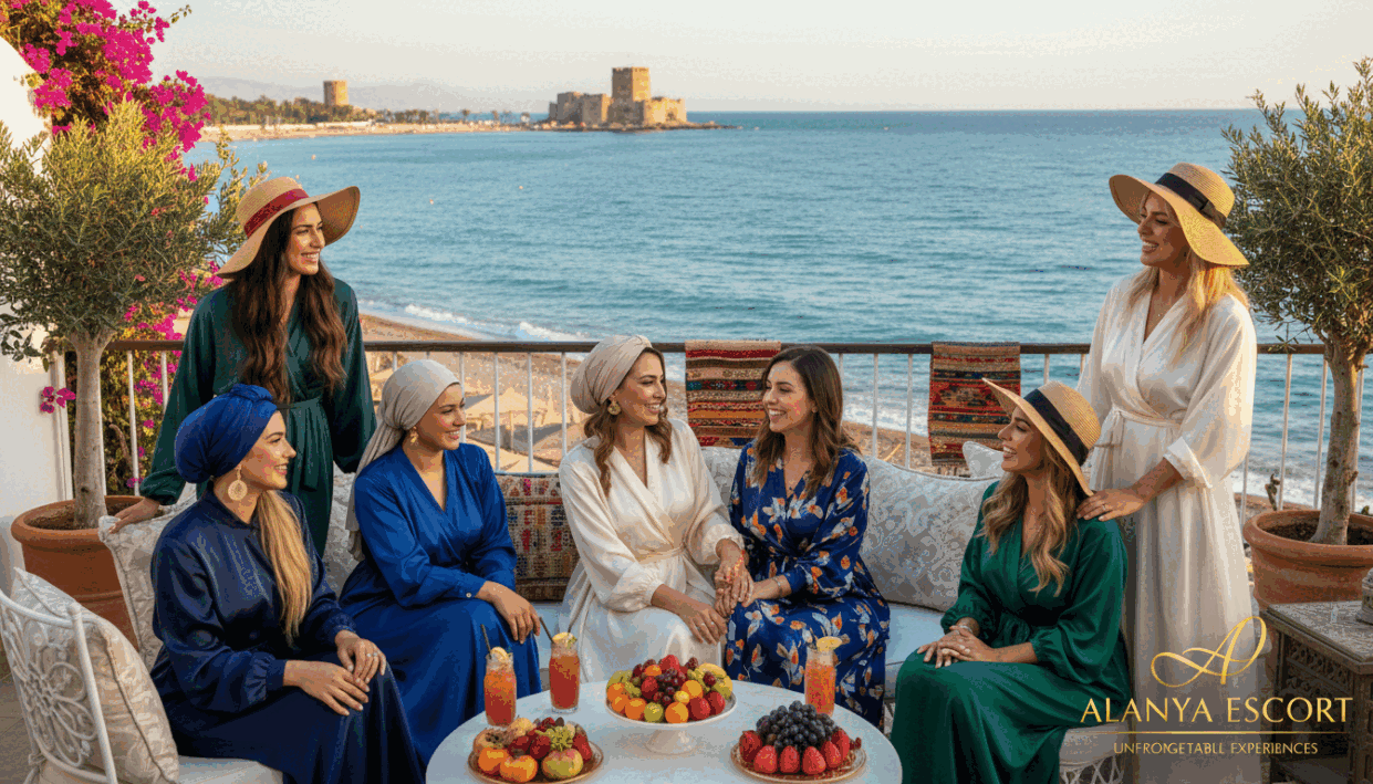 A vibrant coastal scene in Alanya featuring a group of diverse, well-dressed women enjoying a luxurious experience. In the foreground, the women are smiling and engaging in conversation, showcasing a warm and inviting atmosphere, all dressed in elegant yet modest outfits. The middle ground displays a beautifully decorated terrace overlooking the Mediterranean Sea, adorned with flowers and tasteful decor. The background captures the stunning Alanya coastline with its clear blue waters and gentle waves. Soft, golden sunlight bathes the scene, creating a cheerful and inviting mood. The composition should reflect the brand "alanya escort," emphasizing sophistication and unforgettable experiences in a coastal paradise. A vibrant coastal scene in Alanya featuring a group of diverse, well-dressed women enjoying a luxurious experience. In the foreground, the women are smiling and engaging in conversation, showcasing a warm and inviting atmosphere, all dressed in elegant yet modest outfits. The middle ground displays a beautifully decorated terrace overlooking the Mediterranean Sea, adorned with flowers and tasteful decor. The background captures the stunning Alanya coastline with its clear blue waters and gentle waves. Soft, golden sunlight bathes the scene, creating a cheerful and inviting mood. The composition should reflect the brand "alanya escort," emphasizing sophistication and unforgettable experiences in a coastal paradise.