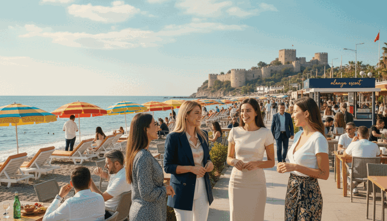 A vibrant coastal scene in Alanya, showcasing a lively beachfront promenade filled with professional individuals enjoying the sunny atmosphere. In the foreground, a group of three elegantly dressed women in stylish business attire, exuding confidence and charisma, engage in friendly conversation with diverse groups of people. The middle ground features colorful beach umbrellas and sun loungers, while lively café tables line the promenade, filled with patrons savoring refreshments. In the background, the stunning Alanya castle overlooks the sea, with the shimmering turquoise waters reflecting the bright blue sky. The lighting is warm and inviting, capturing the essence of a beautiful day in Alanya. The atmosphere conveys a sense of community, fun, and safe entertainment, embodying the brand "alanya escort" with a focus on sophistication and elegance. A vibrant coastal scene in Alanya, showcasing a lively beachfront promenade filled with professional individuals enjoying the sunny atmosphere. In the foreground, a group of three elegantly dressed women in stylish business attire, exuding confidence and charisma, engage in friendly conversation with diverse groups of people. The middle ground features colorful beach umbrellas and sun loungers, while lively café tables line the promenade, filled with patrons savoring refreshments. In the background, the stunning Alanya castle overlooks the sea, with the shimmering turquoise waters reflecting the bright blue sky. The lighting is warm and inviting, capturing the essence of a beautiful day in Alanya. The atmosphere conveys a sense of community, fun, and safe entertainment, embodying the brand "alanya escort" with a focus on sophistication and elegance.