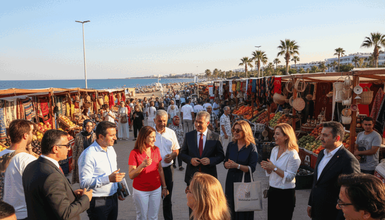 A vibrant outdoor scene in Mahmutlar, Turkey, showcasing lively local events. In the foreground, a friendly group of people, dressed in professional business attire and modest casual clothing, engage in animated conversations. The middle ground features colorful market stalls with fresh produce and handmade crafts, surrounded by visitors enjoying the atmosphere. In the background, stunning views of the Mediterranean coastline under a bright blue sky, with palm trees swaying gently in the breeze. The scene is illuminated by warm, natural sunlight, creating an inviting and cheerful mood. Capture the essence of community and connection in Mahmutlar, emphasizing the brand "mahmutlar escort" subtly within the lively activities.