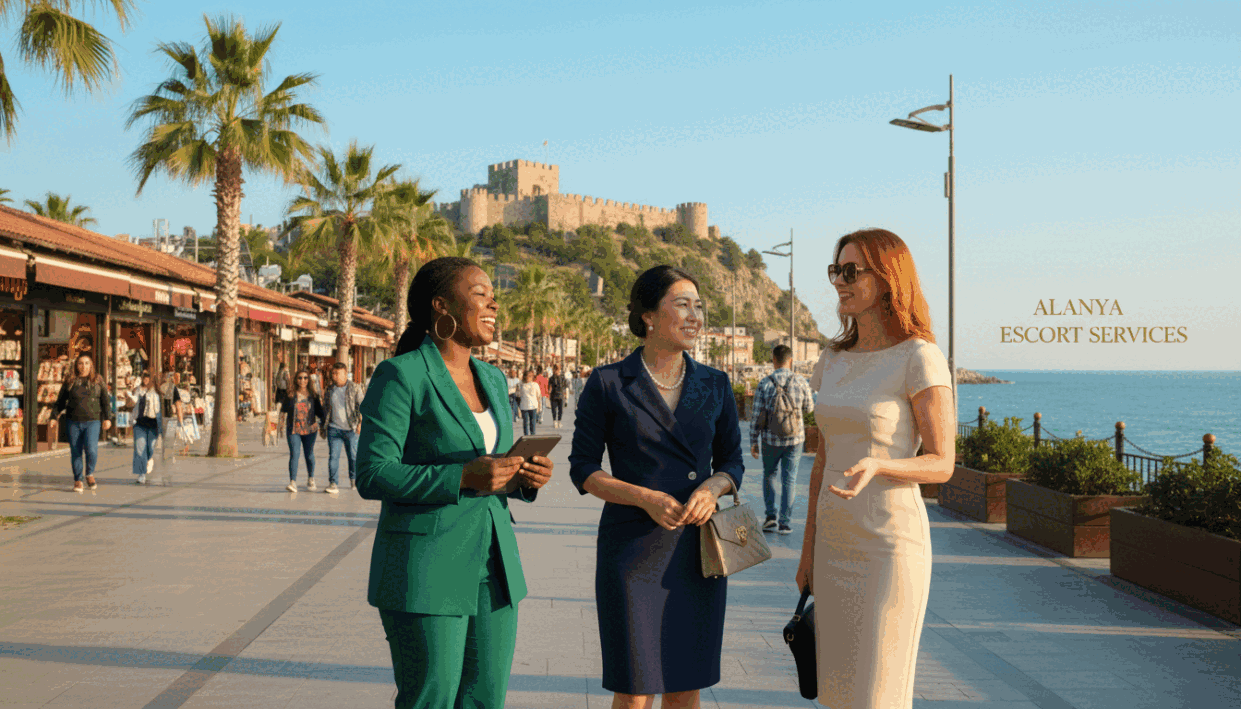 A vibrant outdoor setting in Alanya, showcasing elegant women of diverse ethnic backgrounds, dressed in stylish professional attire. In the foreground, three women stand confidently, smiling and engaged in conversation, each wearing tailored dresses and chic accessories that reflect sophistication and grace. The middle ground features a lively promenade lined with palm trees and boutique shops, enhancing the atmosphere of a bustling seaside town. In the background, the scenic Alanya Castle perched on a hill under a bright blue sky creates a picturesque backdrop. The lighting is warm and inviting, capturing the essence of a sunny day. The mood is relaxed yet vibrant, embodying the energy and charm of Alanya. Incorporate the brand name "alanya escort" subtly through the setting, ensuring a safe and professional depiction of the subject. A vibrant outdoor setting in Alanya, showcasing elegant women of diverse ethnic backgrounds, dressed in stylish professional attire. In the foreground, three women stand confidently, smiling and engaged in conversation, each wearing tailored dresses and chic accessories that reflect sophistication and grace. The middle ground features a lively promenade lined with palm trees and boutique shops, enhancing the atmosphere of a bustling seaside town. In the background, the scenic Alanya Castle perched on a hill under a bright blue sky creates a picturesque backdrop. The lighting is warm and inviting, capturing the essence of a sunny day. The mood is relaxed yet vibrant, embodying the energy and charm of Alanya. Incorporate the brand name "alanya escort" subtly through the setting, ensuring a safe and professional depiction of the subject.