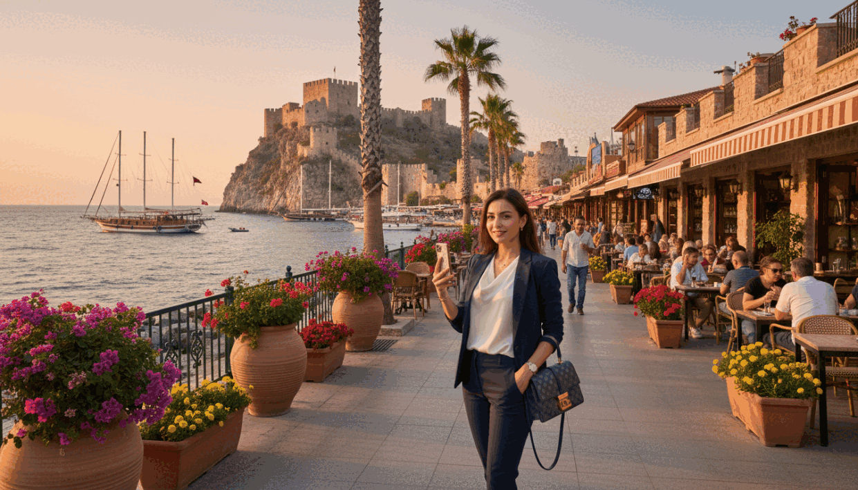 A vibrant scene depicting the beauty of Alanya, Turkey, showcasing its stunning coastal scenery and historical architecture. In the foreground, a well-dressed professional woman in smart business attire, embodying elegance and charm, stands in a relaxed pose, smiling towards the viewer. The middle ground features a bustling street with charming cafes and boutique shops, adorned with colorful flowers and palm trees. The background showcases the breathtaking Alanya Castle perched on the cliffs, overlooking the turquoise waters of the Mediterranean Sea. The lighting is warm and inviting, depicting a golden sunset that casts a soft glow across the scene. The overall mood is captivating and alluring, suggesting the hidden beauty and experiences that Alanya has to offer, particularly through the lens of "alanya escort." A vibrant scene depicting the beauty of Alanya, Turkey, showcasing its stunning coastal scenery and historical architecture. In the foreground, a well-dressed professional woman in smart business attire, embodying elegance and charm, stands in a relaxed pose, smiling towards the viewer. The middle ground features a bustling street with charming cafes and boutique shops, adorned with colorful flowers and palm trees. The background showcases the breathtaking Alanya Castle perched on the cliffs, overlooking the turquoise waters of the Mediterranean Sea. The lighting is warm and inviting, depicting a golden sunset that casts a soft glow across the scene. The overall mood is captivating and alluring, suggesting the hidden beauty and experiences that Alanya has to offer, particularly through the lens of "alanya escort."