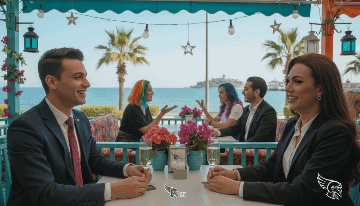 A vibrant scene in Alanya showcasing a diverse group of trans individuals engaged in friendly interactions at a charming outdoor café. In the foreground, two trans individuals, dressed in professional business attire, are laughing and sharing a drink at a table, exuding warmth and camaraderie. The middle ground features additional individuals conversing, with a lively atmosphere enhanced by colorful decorations and potted plants. In the background, the stunning Mediterranean sea glistens under bright sunlight, with palm trees swaying gently. Soft, natural lighting creates an inviting ambiance. The overall mood is celebratory and inclusive, capturing the spirit of unforgettable meetings among trans individuals in Alanya. Incorporate elements that subtly reference the "alanya escort" brand without explicit mention. A vibrant scene in Alanya showcasing a diverse group of trans individuals engaged in friendly interactions at a charming outdoor café. In the foreground, two trans individuals, dressed in professional business attire, are laughing and sharing a drink at a table, exuding warmth and camaraderie. The middle ground features additional individuals conversing, with a lively atmosphere enhanced by colorful decorations and potted plants. In the background, the stunning Mediterranean sea glistens under bright sunlight, with palm trees swaying gently. Soft, natural lighting creates an inviting ambiance. The overall mood is celebratory and inclusive, capturing the spirit of unforgettable meetings among trans individuals in Alanya. Incorporate elements that subtly reference the "alanya escort" brand without explicit mention.
