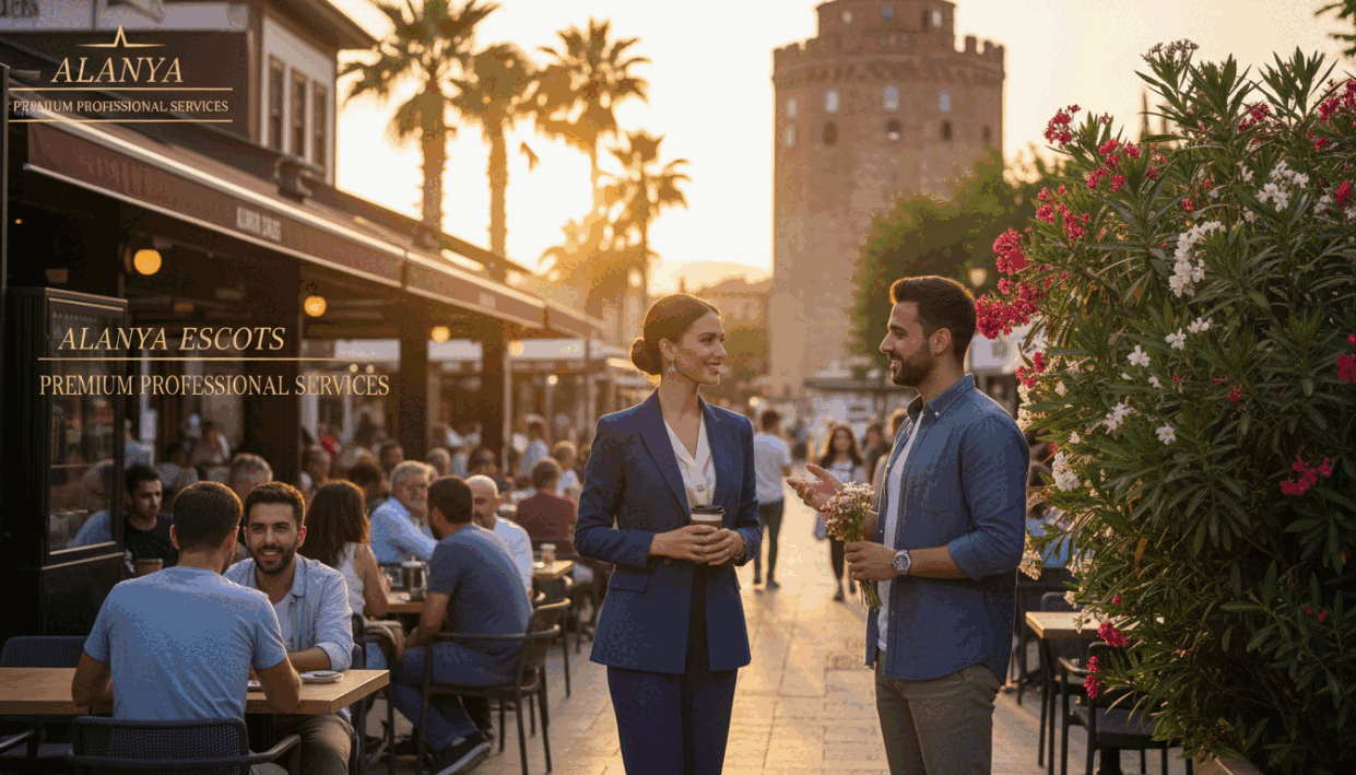 A vibrant scene in Alanya's bustling city center showcasing a professional escort service atmosphere. In the foreground, a stylishly dressed woman in business attire, exuding confidence and grace, is standing near a chic café, engaging with a friendly passerby. In the middle ground, others enjoy leisurely conversations, reflecting a sense of community. The background features iconic Alanya architecture, including the stunning Red Tower and lively streets filled with greenery and colorful flowers. Soft, warm lighting bathes the scene, creating an inviting atmosphere during a golden-hour sunset. The image captures the essence of "alanya escort" services in a refined and respectful manner, emphasizing elegance and professionalism without any explicit content. A vibrant scene in Alanya's bustling city center showcasing a professional escort service atmosphere. In the foreground, a stylishly dressed woman in business attire, exuding confidence and grace, is standing near a chic café, engaging with a friendly passerby. In the middle ground, others enjoy leisurely conversations, reflecting a sense of community. The background features iconic Alanya architecture, including the stunning Red Tower and lively streets filled with greenery and colorful flowers. Soft, warm lighting bathes the scene, creating an inviting atmosphere during a golden-hour sunset. The image captures the essence of "alanya escort" services in a refined and respectful manner, emphasizing elegance and professionalism without any explicit content.