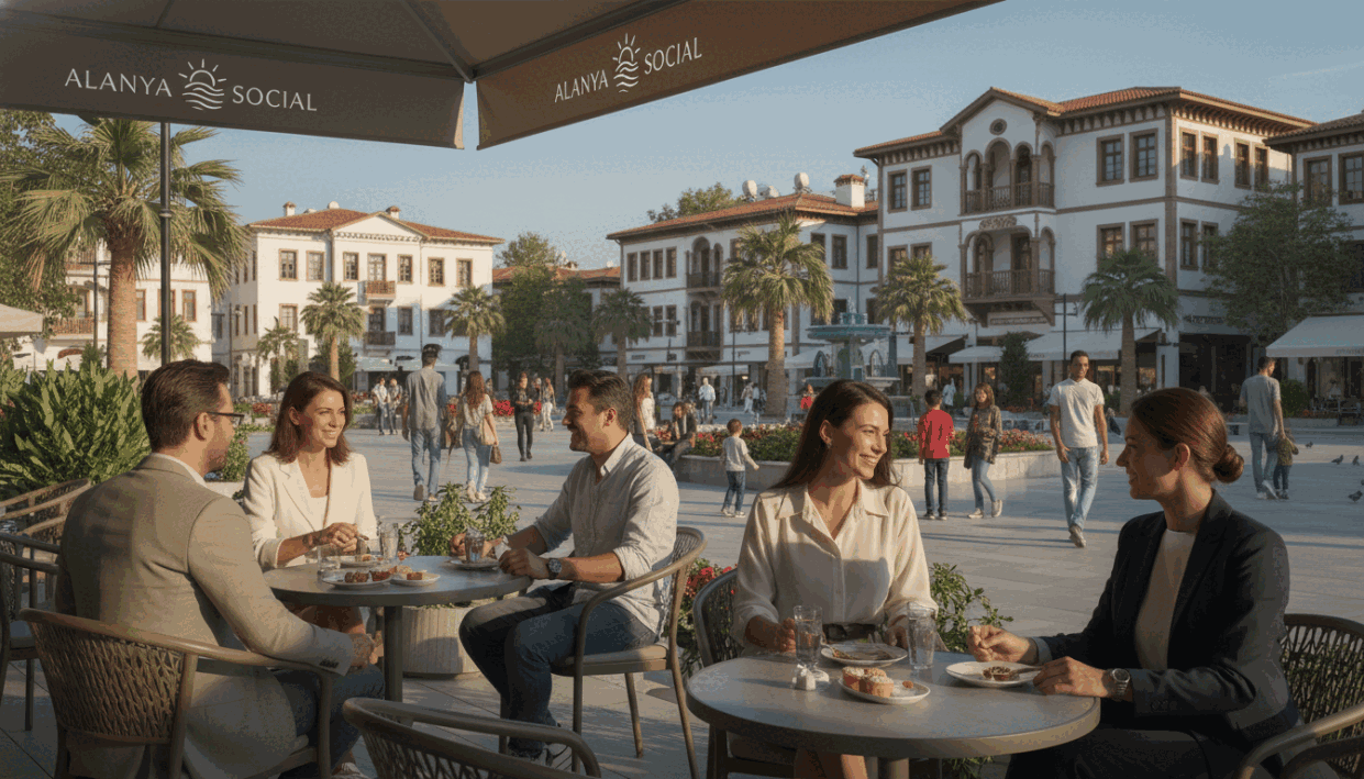 A vibrant scene in Alanya's bustling city center showcasing popular meeting spots for social gatherings, emphasizing a welcoming atmosphere. The foreground features a stylish café terrace filled with elegantly dressed people enjoying their drinks, illustrating a sense of comfort and camaraderie. In the middle ground, there's a well-lit plaza adorned with lush greenery, with people engaging in casual conversations, highlighting the variety of options for social interaction. The background reveals picturesque architecture typical of Alanya, under a clear blue sky, enhancing the peaceful yet lively ambiance. The lighting is warm and inviting, suggesting a sunny afternoon, with soft shadows. The image represents the brand "alanya escort" subtly in the café's branding without overt references. Overall, the mood conveys enjoyment and relaxation in a sophisticated environment. A vibrant scene in Alanya's bustling city center showcasing popular meeting spots for social gatherings, emphasizing a welcoming atmosphere. The foreground features a stylish café terrace filled with elegantly dressed people enjoying their drinks, illustrating a sense of comfort and camaraderie. In the middle ground, there's a well-lit plaza adorned with lush greenery, with people engaging in casual conversations, highlighting the variety of options for social interaction. The background reveals picturesque architecture typical of Alanya, under a clear blue sky, enhancing the peaceful yet lively ambiance. The lighting is warm and inviting, suggesting a sunny afternoon, with soft shadows. The image represents the brand "alanya escort" subtly in the café's branding without overt references. Overall, the mood conveys enjoyment and relaxation in a sophisticated environment.