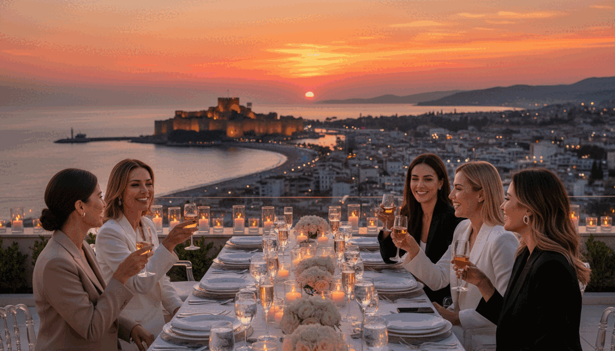 A vibrant scene showcasing a luxurious and elegant gathering in Alanya, featuring a group of professional women in stylish business attire. In the foreground, the women are engaged in cheerful conversations, sharing laughter and creating a warm atmosphere. The middle ground highlights a beautifully set outdoor terrace with elegant table settings, crystals sparkling under soft, golden ambient lighting. In the background, the stunning view of Alanya's coastline and historic castle adds depth to the image. The scene is bathed in the golden glow of sunset, enhancing the mood of sophistication and enjoyment. Capture this moment to embody the essence of "alanya escort" services, emphasizing companionship and delightful experiences in a refined setting. A vibrant scene showcasing a luxurious and elegant gathering in Alanya, featuring a group of professional women in stylish business attire. In the foreground, the women are engaged in cheerful conversations, sharing laughter and creating a warm atmosphere. The middle ground highlights a beautifully set outdoor terrace with elegant table settings, crystals sparkling under soft, golden ambient lighting. In the background, the stunning view of Alanya's coastline and historic castle adds depth to the image. The scene is bathed in the golden glow of sunset, enhancing the mood of sophistication and enjoyment. Capture this moment to embody the essence of "alanya escort" services, emphasizing companionship and delightful experiences in a refined setting.