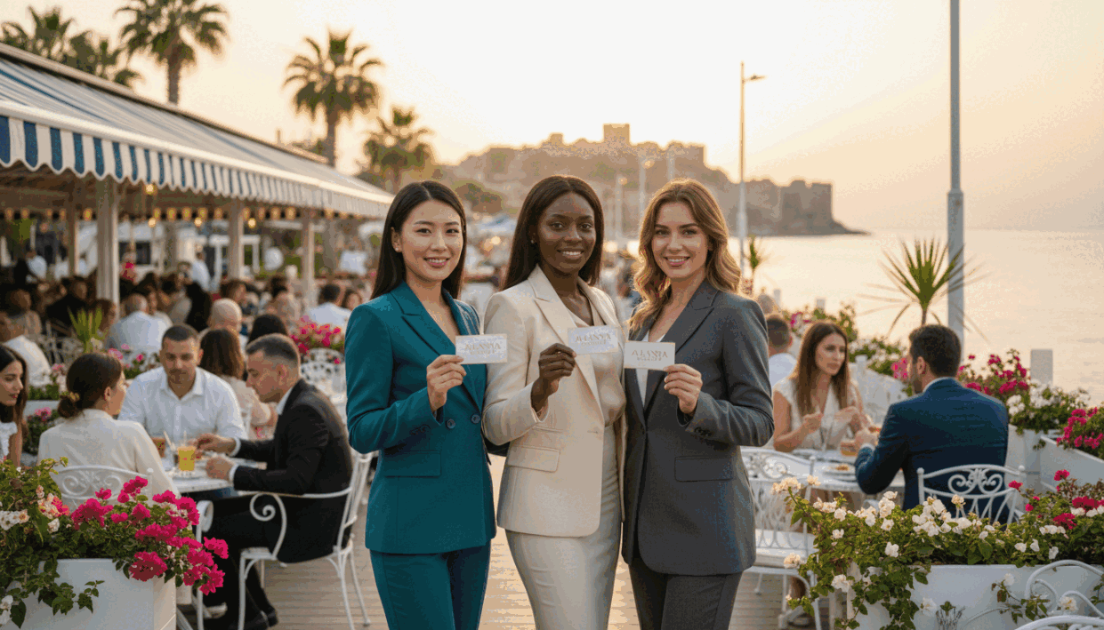 A vibrant, sophisticated scene featuring diverse women representing "Alanya Escort" in a professional, elegant manner. In the foreground, three women of different ethnicities, dressed in stylish business attire, exude confidence and approachability while standing together. The middle ground showcases an upscale café terrace in Alanya, decorated with blooming flowers and tasteful furnishings, hinting at a luxurious environment. In the background, the stunning Mediterranean coastline glimmers under soft sunset lighting, casting a warm glow over the scene. The atmosphere is lively yet refined, capturing the essence of companionship and exploration in Alanya. The shot is framed with a slight depth of field, focusing on the women while the café and coastline fade gently into a dreamy backdrop. A vibrant, sophisticated scene featuring diverse women representing "Alanya Escort" in a professional, elegant manner. In the foreground, three women of different ethnicities, dressed in stylish business attire, exude confidence and approachability while standing together. The middle ground showcases an upscale café terrace in Alanya, decorated with blooming flowers and tasteful furnishings, hinting at a luxurious environment. In the background, the stunning Mediterranean coastline glimmers under soft sunset lighting, casting a warm glow over the scene. The atmosphere is lively yet refined, capturing the essence of companionship and exploration in Alanya. The shot is framed with a slight depth of field, focusing on the women while the café and coastline fade gently into a dreamy backdrop.