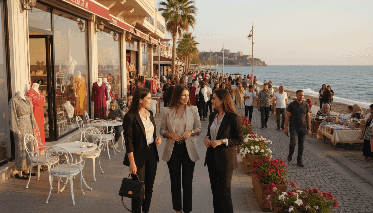 A vibrant street scene in Alanya, Turkey, showcasing a bustling marketplace. In the foreground, several young women in professional business attire engage in friendly conversation, exuding confidence and warmth. They are surrounded by stylish storefronts featuring colorful displays. In the middle ground, people are enjoying the lively atmosphere, some sipping coffee at outdoor cafes, while others browse shops. The background reveals the stunning Mediterranean Sea, glistening under the warm sunlight, with gentle waves lapping at the shore. The golden hour lighting casts a soft, welcoming glow across the scene, enhancing the inviting atmosphere of Alanya. Capture the essence of "Alanya Escort," highlighting elegance and professionalism without any explicit elements. The overall mood is lively and welcoming, encouraging exploration and connection. A vibrant street scene in Alanya, Turkey, showcasing a bustling marketplace. In the foreground, several young women in professional business attire engage in friendly conversation, exuding confidence and warmth. They are surrounded by stylish storefronts featuring colorful displays. In the middle ground, people are enjoying the lively atmosphere, some sipping coffee at outdoor cafes, while others browse shops. The background reveals the stunning Mediterranean Sea, glistening under the warm sunlight, with gentle waves lapping at the shore. The golden hour lighting casts a soft, welcoming glow across the scene, enhancing the inviting atmosphere of Alanya. Capture the essence of "Alanya Escort," highlighting elegance and professionalism without any explicit elements. The overall mood is lively and welcoming, encouraging exploration and connection.