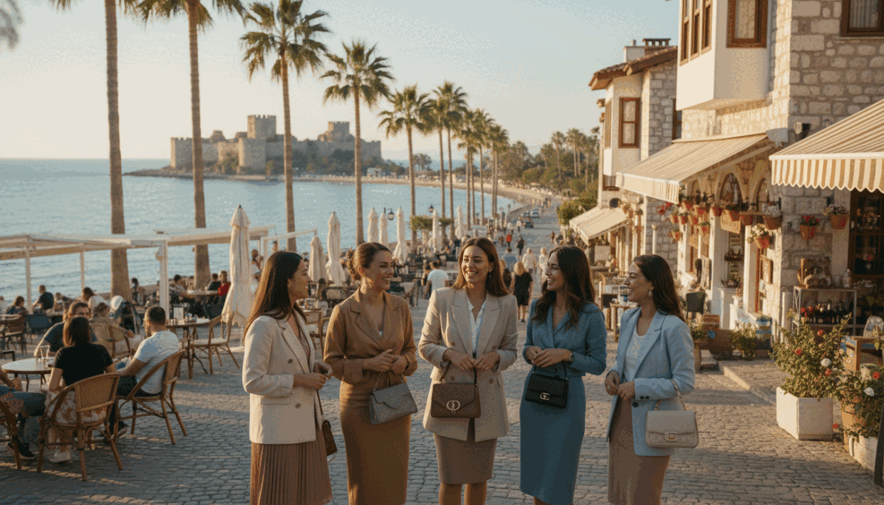 A vibrant street scene in Alanya, Turkey, showcasing a picturesque coastal background with palm trees and the Mediterranean Sea. In the foreground, a group of four women in modest, professional attire, representing "alanya escort," are engaging in friendly conversation, smiling and exuding confidence. The middle layer features charming local shops and cafés, adding to the inviting atmosphere. Soft, golden hour lighting casts warm shadows, creating a relaxed and welcoming mood. The camera captures the scene at a slight angle, enhancing the dynamic feel of the image, while emphasizing the beauty of Alanya as a popular destination. No text or branding visible, ensuring the focus remains on the environment and the women’s professional demeanor. A vibrant street scene in Alanya, Turkey, showcasing a picturesque coastal background with palm trees and the Mediterranean Sea. In the foreground, a group of four women in modest, professional attire, representing "alanya escort," are engaging in friendly conversation, smiling and exuding confidence. The middle layer features charming local shops and cafés, adding to the inviting atmosphere. Soft, golden hour lighting casts warm shadows, creating a relaxed and welcoming mood. The camera captures the scene at a slight angle, enhancing the dynamic feel of the image, while emphasizing the beauty of Alanya as a popular destination. No text or branding visible, ensuring the focus remains on the environment and the women’s professional demeanor.