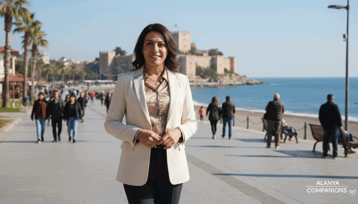 A vibrant street scene in Alanya, showcasing a confident trans woman dressed in elegant, modest business attire, standing at the forefront with a warm smile. She represents the theme of seeking connection and companionship, symbolizing the topic of transgender partner searches. The background includes iconic Alanya landmarks, such as the Alanya Castle and stunning Mediterranean coastline, under a clear blue sky. Soft, natural lighting enhances the inviting atmosphere of the scene. The focus is on inclusivity and professionalism, capturing a serene yet dynamic environment. The image reflects the theme of "alanya escort" services, providing a sense of trust and comfort in a picturesque setting. A vibrant street scene in Alanya, showcasing a confident trans woman dressed in elegant, modest business attire, standing at the forefront with a warm smile. She represents the theme of seeking connection and companionship, symbolizing the topic of transgender partner searches. The background includes iconic Alanya landmarks, such as the Alanya Castle and stunning Mediterranean coastline, under a clear blue sky. Soft, natural lighting enhances the inviting atmosphere of the scene. The focus is on inclusivity and professionalism, capturing a serene yet dynamic environment. The image reflects the theme of "alanya escort" services, providing a sense of trust and comfort in a picturesque setting.