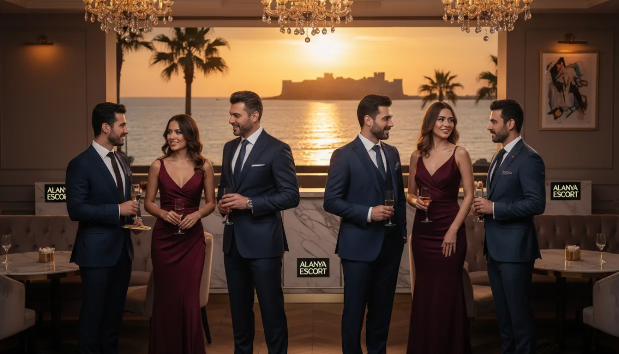 A vibrant, upscale scene depicting the concept of "Alanya Escort Hizmetleri." In the foreground, several elegantly dressed individuals of diverse backgrounds are engaged in friendly conversation, showcasing professionalism and confidence. They are wearing smart business attire, such as tailored suits and elegant dresses, reflecting a classy ambiance. In the middle ground, a chic lounge or upscale café is visible, featuring stylish furniture and ambient lighting. The background reveals a picturesque view of Alanya's coastline, with palm trees and sparkling waters at sunset, creating a warm and inviting atmosphere. Soft, golden lighting enhances the scene, while a slight bokeh effect captures the essence of luxury and sophistication. The brand name "alanya escort" subtly integrated into the setting without distractions. A vibrant, upscale scene depicting the concept of "Alanya Escort Hizmetleri." In the foreground, several elegantly dressed individuals of diverse backgrounds are engaged in friendly conversation, showcasing professionalism and confidence. They are wearing smart business attire, such as tailored suits and elegant dresses, reflecting a classy ambiance. In the middle ground, a chic lounge or upscale café is visible, featuring stylish furniture and ambient lighting. The background reveals a picturesque view of Alanya's coastline, with palm trees and sparkling waters at sunset, creating a warm and inviting atmosphere. Soft, golden lighting enhances the scene, while a slight bokeh effect captures the essence of luxury and sophistication. The brand name "alanya escort" subtly integrated into the setting without distractions.