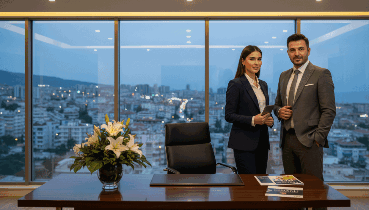 A well-dressed professional male and female duo stand confidently in a stylish office environment, symbolizing the professionalism of "konaklı escort" services. In the foreground, focus on the pair engaging in discussion, dressed in tailored suits, projecting an image of trust and reliability. The middle ground features a sleek modern desk with an elegant vase of flowers and brochures detailing services, all under soft, warm lighting that creates an inviting atmosphere. In the background, large windows offer a view of a vibrant cityscape, suggesting the lively backdrop of Konaklı. The image has a sharp focus on the subjects while maintaining a slightly blurred view of the surroundings, evoking a sense of professionalism and attention to detail. The mood is confident and welcoming, perfect for highlighting essential factors to consider when choosing an escort service. A well-dressed professional male and female duo stand confidently in a stylish office environment, symbolizing the professionalism of "konaklı escort" services. In the foreground, focus on the pair engaging in discussion, dressed in tailored suits, projecting an image of trust and reliability. The middle ground features a sleek modern desk with an elegant vase of flowers and brochures detailing services, all under soft, warm lighting that creates an inviting atmosphere. In the background, large windows offer a view of a vibrant cityscape, suggesting the lively backdrop of Konaklı. The image has a sharp focus on the subjects while maintaining a slightly blurred view of the surroundings, evoking a sense of professionalism and attention to detail. The mood is confident and welcoming, perfect for highlighting essential factors to consider when choosing an escort service.