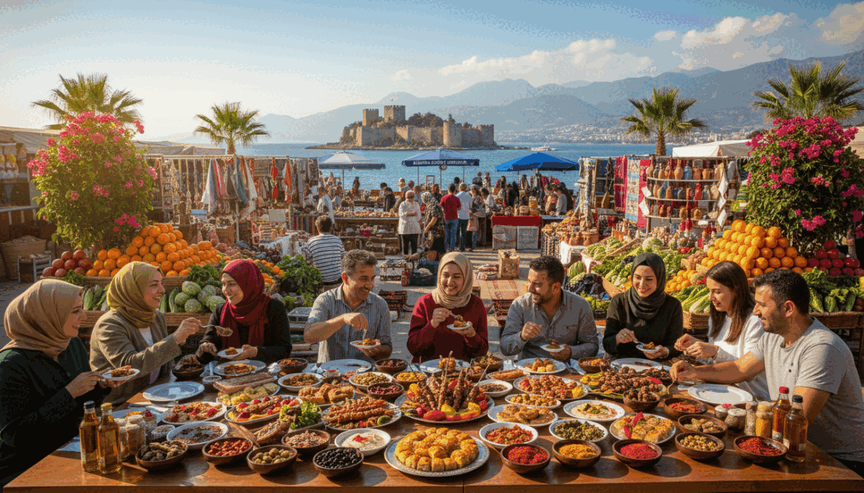 Alanya's vibrant cultural experiences and local cuisine come to life in a bustling market scene. In the foreground, a table laden with traditional Turkish dishes such as kebabs, mezes, and baklava, beautifully arranged with colorful spices. A group of people, dressed in modest casual clothing, engage joyfully in conversation while sampling the dishes. In the middle ground, vibrant stalls filled with fresh fruits, vegetables, and handcrafted goods create a lively atmosphere, surrounded by lush greenery typical of Alanya. The background showcases the stunning coastal view with ancient architecture and the Taurus Mountains under a bright blue sky. The lighting is warm and inviting, evoking a sense of community and cultural richness. The overall mood is vibrant and celebratory, capturing the essence of Alanya's unique cultural experiences. Alanya escort. Alanya's vibrant cultural experiences and local cuisine come to life in a bustling market scene. In the foreground, a table laden with traditional Turkish dishes such as kebabs, mezes, and baklava, beautifully arranged with colorful spices. A group of people, dressed in modest casual clothing, engage joyfully in conversation while sampling the dishes. In the middle ground, vibrant stalls filled with fresh fruits, vegetables, and handcrafted goods create a lively atmosphere, surrounded by lush greenery typical of Alanya. The background showcases the stunning coastal view with ancient architecture and the Taurus Mountains under a bright blue sky. The lighting is warm and inviting, evoking a sense of community and cultural richness. The overall mood is vibrant and celebratory, capturing the essence of Alanya's unique cultural experiences. Alanya escort.