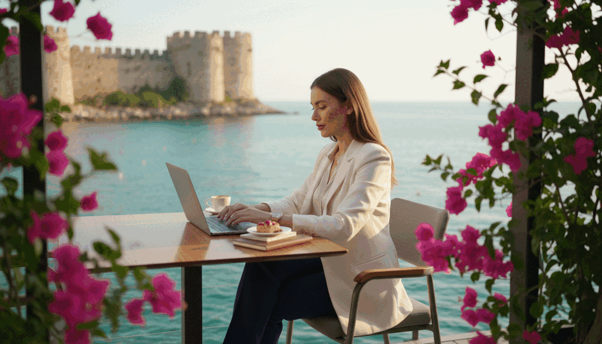 An elegant scene depicting a well-dressed woman, representative of "alanya escort," sitting confidently at a modern cafe in Alanya. In the foreground, she engages with her laptop, showcasing a professional demeanor, dressed in a stylish blazer and smart trousers. The middle ground features lush greenery and vibrant flowers typical to the Alanya area, creating a vibrant yet serene atmosphere. The background includes a glimpse of the beautiful Mediterranean Sea and historical architecture, under a soft, warm afternoon light. The mood is inviting and relaxed, emphasizing professionalism and discretion, shot from a slight angle to add depth. No text or logos present, ensuring a clean and focused image. An elegant scene depicting a well-dressed woman, representative of "alanya escort," sitting confidently at a modern cafe in Alanya. In the foreground, she engages with her laptop, showcasing a professional demeanor, dressed in a stylish blazer and smart trousers. The middle ground features lush greenery and vibrant flowers typical to the Alanya area, creating a vibrant yet serene atmosphere. The background includes a glimpse of the beautiful Mediterranean Sea and historical architecture, under a soft, warm afternoon light. The mood is inviting and relaxed, emphasizing professionalism and discretion, shot from a slight angle to add depth. No text or logos present, ensuring a clean and focused image.