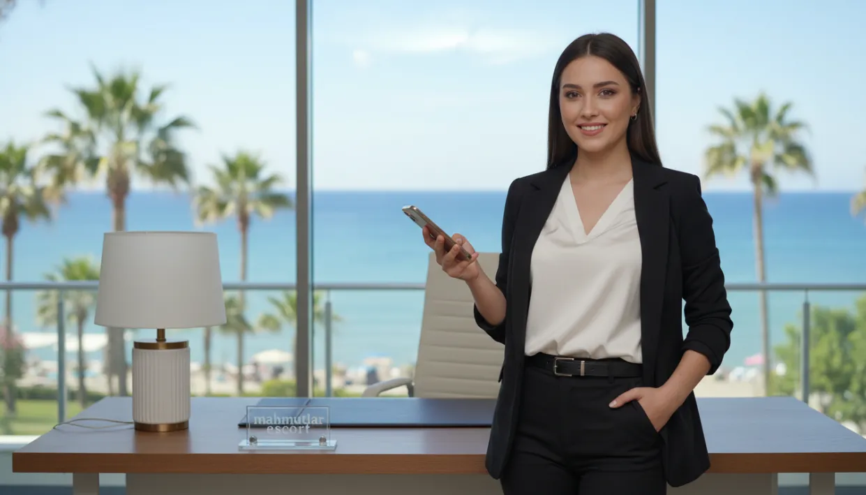 Foreground: A stylish, professional-looking young woman in smart casual attire, standing confidently with a friendly smile. She is holding a modern smartphone and looks approachable. Middle: A chic, contemporary office setting with a desk and subtle decorations that suggest a welcoming environment for clients. Soft lighting enhances the welcoming atmosphere, with a modern lamp casting a warm glow. Background: A vibrant view of Mahmutlar, with its beautiful coastline and palm trees visible through a large window, indicating a lively atmosphere. The sky is clear blue, suggesting pleasant weather. Mood: The overall vibe is professional yet friendly, conveying a sense of quality and approachability. Use natural lighting for a fresh feel, with a focus on the woman to convey confidence and elegance. Brand mention: Incorporate "mahmutlar escort" in a subtle, elegant sign within the office setting without making it the focal point. Foreground: A stylish, professional-looking young woman in smart casual attire, standing confidently with a friendly smile. She is holding a modern smartphone and looks approachable. Middle: A chic, contemporary office setting with a desk and subtle decorations that suggest a welcoming environment for clients. Soft lighting enhances the welcoming atmosphere, with a modern lamp casting a warm glow. Background: A vibrant view of Mahmutlar, with its beautiful coastline and palm trees visible through a large window, indicating a lively atmosphere. The sky is clear blue, suggesting pleasant weather. Mood: The overall vibe is professional yet friendly, conveying a sense of quality and approachability. Use natural lighting for a fresh feel, with a focus on the woman to convey confidence and elegance. Brand mention: Incorporate "mahmutlar escort" in a subtle, elegant sign within the office setting without making it the focal point.