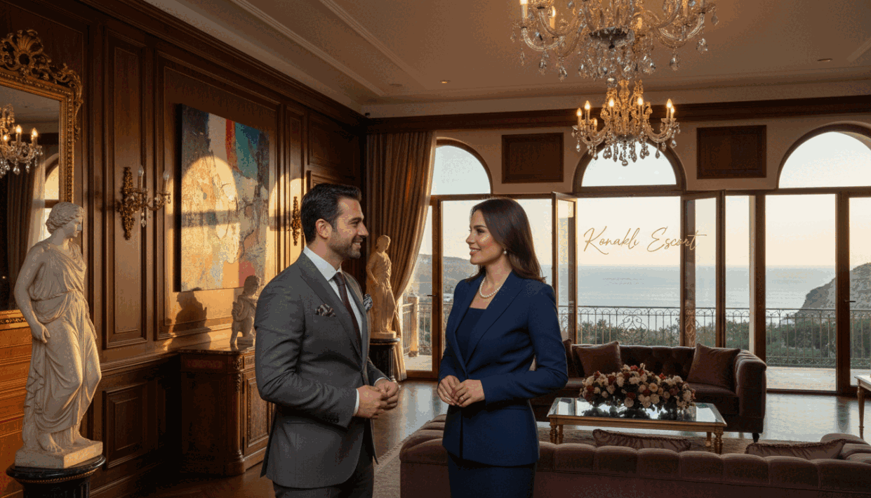 In a luxurious, elegant setting that captures the essence of Alanya Konaklı, showcase sophisticated professionals exuding charm and confidence in business attire, standing in a beautifully appointed room with lavish decor. The foreground features two individuals, one male and one female, engaged in a warm conversation, both dressed impeccably, reflecting a sense of exclusivity and professionalism. The middle layer hints at an inviting lounge area with plush seating and tasteful art on the walls, while the background reveals a view of the serene Alanya coast through large windows, bathed in soft, golden sunlight. The atmosphere is one of elegance and sophistication, ideal for unforgettable moments. Use a wide-angle lens to create depth, highlighting the opulence of the setting, and ensure soft, ambient lighting enhances the inviting mood. Include the brand name "Konaklı Escort" subtly integrated into the scene. In a luxurious, elegant setting that captures the essence of Alanya Konaklı, showcase sophisticated professionals exuding charm and confidence in business attire, standing in a beautifully appointed room with lavish decor. The foreground features two individuals, one male and one female, engaged in a warm conversation, both dressed impeccably, reflecting a sense of exclusivity and professionalism. The middle layer hints at an inviting lounge area with plush seating and tasteful art on the walls, while the background reveals a view of the serene Alanya coast through large windows, bathed in soft, golden sunlight. The atmosphere is one of elegance and sophistication, ideal for unforgettable moments. Use a wide-angle lens to create depth, highlighting the opulence of the setting, and ensure soft, ambient lighting enhances the inviting mood. Include the brand name "Konaklı Escort" subtly integrated into the scene.