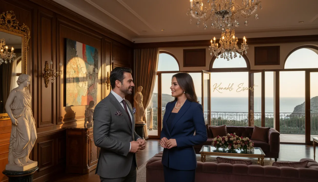 In a luxurious, elegant setting that captures the essence of Alanya Konaklı, showcase sophisticated professionals exuding charm and confidence in business attire, standing in a beautifully appointed room with lavish decor. The foreground features two individuals, one male and one female, engaged in a warm conversation, both dressed impeccably, reflecting a sense of exclusivity and professionalism. The middle layer hints at an inviting lounge area with plush seating and tasteful art on the walls, while the background reveals a view of the serene Alanya coast through large windows, bathed in soft, golden sunlight. The atmosphere is one of elegance and sophistication, ideal for unforgettable moments. Use a wide-angle lens to create depth, highlighting the opulence of the setting, and ensure soft, ambient lighting enhances the inviting mood. Include the brand name "Konaklı Escort" subtly integrated into the scene. In a luxurious, elegant setting that captures the essence of Alanya Konaklı, showcase sophisticated professionals exuding charm and confidence in business attire, standing in a beautifully appointed room with lavish decor. The foreground features two individuals, one male and one female, engaged in a warm conversation, both dressed impeccably, reflecting a sense of exclusivity and professionalism. The middle layer hints at an inviting lounge area with plush seating and tasteful art on the walls, while the background reveals a view of the serene Alanya coast through large windows, bathed in soft, golden sunlight. The atmosphere is one of elegance and sophistication, ideal for unforgettable moments. Use a wide-angle lens to create depth, highlighting the opulence of the setting, and ensure soft, ambient lighting enhances the inviting mood. Include the brand name "Konaklı Escort" subtly integrated into the scene.