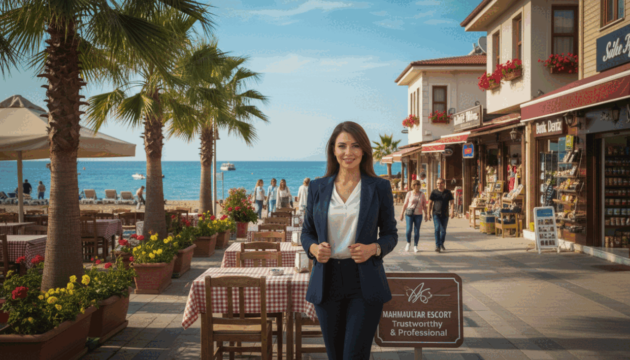 In a serene coastal setting of Mahmutlar, capture a welcoming scene highlighting the concept of trustworthy escort services. In the foreground, depict a confident professional woman in elegant business attire, standing by a picturesque café with palm trees swaying gently. In the middle ground, showcase a lively street lined with quaint shops and vibrant flowers, inviting a sense of community and trust. The background reveals the stunning beach with clear blue waters and a bright sky, imbued with soft, natural lighting. The angle should be at eye level to foster a sense of engagement and warmth, creating a friendly atmosphere around the theme "mahmutlar escort." Emphasize a safe and professional image reflecting quality service in Mahmutlar. In a serene coastal setting of Mahmutlar, capture a welcoming scene highlighting the concept of trustworthy escort services. In the foreground, depict a confident professional woman in elegant business attire, standing by a picturesque café with palm trees swaying gently. In the middle ground, showcase a lively street lined with quaint shops and vibrant flowers, inviting a sense of community and trust. The background reveals the stunning beach with clear blue waters and a bright sky, imbued with soft, natural lighting. The angle should be at eye level to foster a sense of engagement and warmth, creating a friendly atmosphere around the theme "mahmutlar escort." Emphasize a safe and professional image reflecting quality service in Mahmutlar.