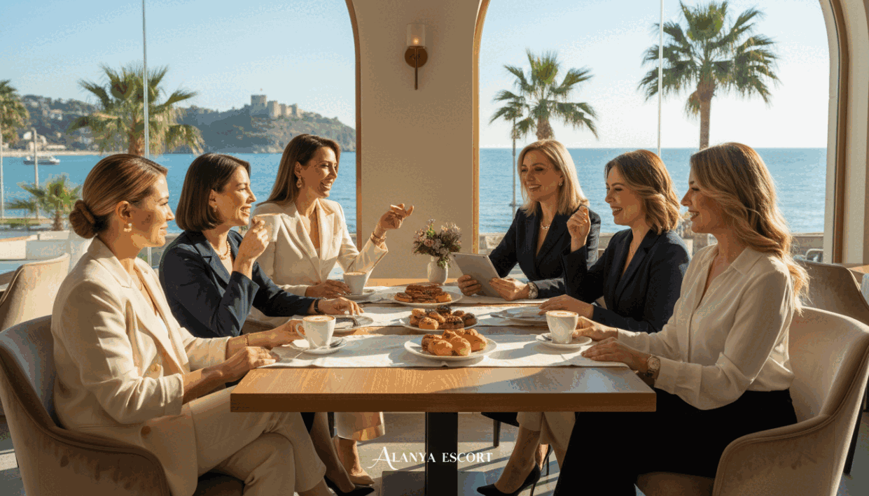 In a serene, upscale café in Alanya, focus on a professionally dressed, diverse group of elegant women seated at a stylish table. Each woman exudes confidence, wearing chic business attire, with a backdrop of palm trees and the Mediterranean sea, hinting at a sunny, inviting day. Soft, natural lighting filters through the café's large windows, creating a warm atmosphere. The foreground captures the women engaged in friendly conversation, showcasing their approachable demeanor, while the middle features the beautifully arranged table with coffee and pastries, symbolizing a casual yet classy setting. The background reveals a glimpse of Alanya's vibrant coastline, adding to the locale’s charm without overshadowing the main subjects. The scene embodies the essence of "alanya escort", highlighting sophistication and choice in a tasteful manner. In a serene, upscale café in Alanya, focus on a professionally dressed, diverse group of elegant women seated at a stylish table. Each woman exudes confidence, wearing chic business attire, with a backdrop of palm trees and the Mediterranean sea, hinting at a sunny, inviting day. Soft, natural lighting filters through the café's large windows, creating a warm atmosphere. The foreground captures the women engaged in friendly conversation, showcasing their approachable demeanor, while the middle features the beautifully arranged table with coffee and pastries, symbolizing a casual yet classy setting. The background reveals a glimpse of Alanya's vibrant coastline, adding to the locale’s charm without overshadowing the main subjects. The scene embodies the essence of "alanya escort", highlighting sophistication and choice in a tasteful manner.