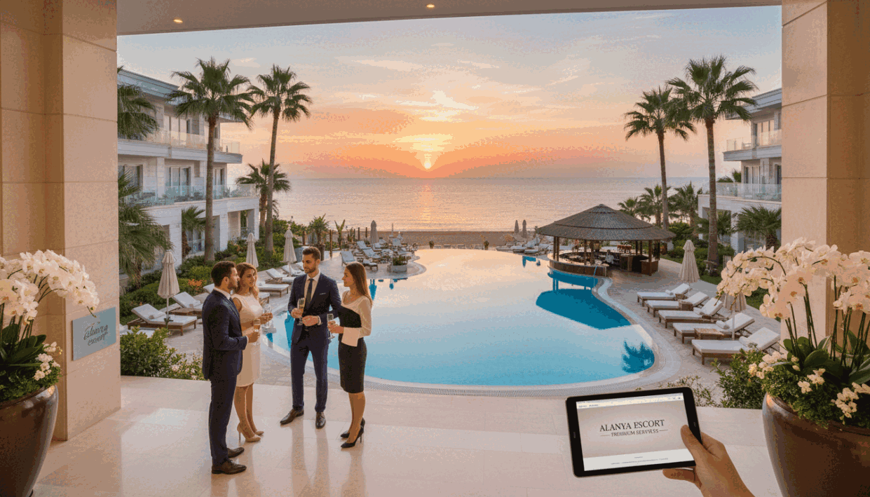 Luxurious Alanya hotels set against the stunning backdrop of the Mediterranean coast. In the foreground, an elegantly designed hotel entrance with polished marble, lush greenery, and ambient lighting. Guests in professional business attire are seen engaging in casual conversations, exuding a sense of sophistication and comfort. In the middle ground, a stylish pool area with sun loungers and a bar, where refreshing cocktails are served. The background showcases the sparkling blue sea and a pristine sandy beach under a clear sky, illuminated by the soft glow of sunset. Incorporate the brand "alanya escort" subtly within the environment, hinting at premium services. The atmosphere should feel inviting and luxurious, highlighting a perfect blend of relaxation and elegance, captured with a wide-angle lens to enhance depth and perspective. Luxurious Alanya hotels set against the stunning backdrop of the Mediterranean coast. In the foreground, an elegantly designed hotel entrance with polished marble, lush greenery, and ambient lighting. Guests in professional business attire are seen engaging in casual conversations, exuding a sense of sophistication and comfort. In the middle ground, a stylish pool area with sun loungers and a bar, where refreshing cocktails are served. The background showcases the sparkling blue sea and a pristine sandy beach under a clear sky, illuminated by the soft glow of sunset. Incorporate the brand "alanya escort" subtly within the environment, hinting at premium services. The atmosphere should feel inviting and luxurious, highlighting a perfect blend of relaxation and elegance, captured with a wide-angle lens to enhance depth and perspective.