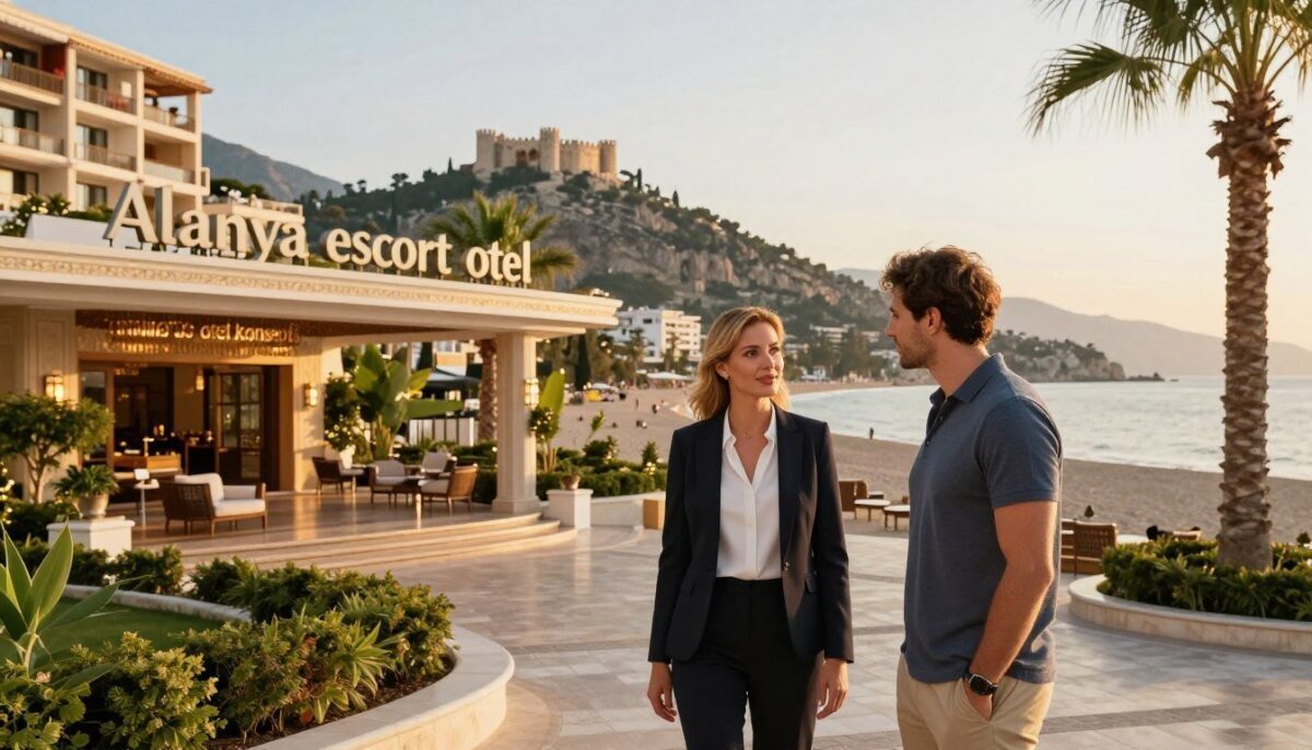 A beautiful coastal scene in Alanya showcasing a luxurious hotel setting, representing the "Alanya escort otel konsepti." In the foreground, a professional woman in elegant business attire stands confidently, engaging with a foreign tourist, who is dressed in smart casual clothing. The middle ground features a stylish hotel entrance with lush landscaping and palm trees swaying gently. The background displays Alanya's stunning sandy beaches and the iconic castle on the hill, bathed in the warm glow of a setting sun, casting soft golden light. The atmosphere is inviting and vibrant, capturing the allure of the destination for international visitors. The image should be captured from a slightly elevated angle, emphasizing both the warmth of hospitality and the beauty of Alanya's unique charm. A beautiful coastal scene in Alanya showcasing a luxurious hotel setting, representing the "Alanya escort otel konsepti." In the foreground, a professional woman in elegant business attire stands confidently, engaging with a foreign tourist, who is dressed in smart casual clothing. The middle ground features a stylish hotel entrance with lush landscaping and palm trees swaying gently. The background displays Alanya's stunning sandy beaches and the iconic castle on the hill, bathed in the warm glow of a setting sun, casting soft golden light. The atmosphere is inviting and vibrant, capturing the allure of the destination for international visitors. The image should be captured from a slightly elevated angle, emphasizing both the warmth of hospitality and the beauty of Alanya's unique charm.