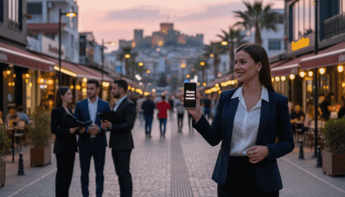 A bustling cityscape of Alanya at dusk, featuring a lively street scene. In the foreground, a smiling professional woman in smart business attire is engaging with potential clients, showcasing a sense of professionalism. She holds a smartphone displaying the brand name "Alanya escort numara". In the middle ground, various shops and cafes radiate invitingly, with warm lights illuminating the vibrant atmosphere. The background includes the picturesque Alanya Castle, set against a pink and orange sunset sky, adding a touch of romance to the scene. The overall mood should be welcoming and sophisticated, conveying a safe and discreet environment for clients. Use a shallow depth of field to focus on the woman in the foreground while softly blurring the background details. A bustling cityscape of Alanya at dusk, featuring a lively street scene. In the foreground, a smiling professional woman in smart business attire is engaging with potential clients, showcasing a sense of professionalism. She holds a smartphone displaying the brand name "Alanya escort numara". In the middle ground, various shops and cafes radiate invitingly, with warm lights illuminating the vibrant atmosphere. The background includes the picturesque Alanya Castle, set against a pink and orange sunset sky, adding a touch of romance to the scene. The overall mood should be welcoming and sophisticated, conveying a safe and discreet environment for clients. Use a shallow depth of field to focus on the woman in the foreground while softly blurring the background details.