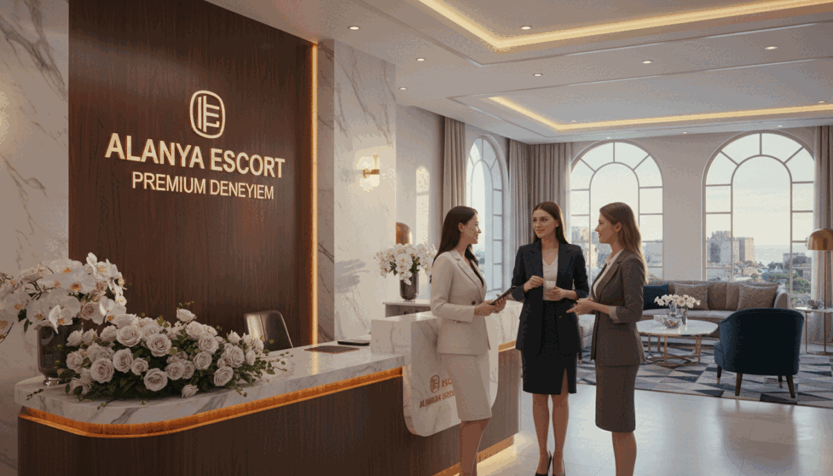A bustling, elegant reception area in Alanya, showcasing the Alanya Escort Premium Deneyim service. In the foreground, three professional-looking women in modest business attire are engaged in friendly conversation, exuding confidence and warmth. In the middle, a luxurious reception desk adorned with flowers and ambient lighting creates an inviting atmosphere. The background features a stylish lounge area with comfortable seating and tasteful décor, hinting at a relaxing environment for clients. Soft, warm lighting enhances the overall elegance, while natural light filters through large windows, adding a welcoming glow. The mood is sophisticated yet approachable, capturing the essence of reliable and professional tourism services in Alanya. A bustling, elegant reception area in Alanya, showcasing the Alanya Escort Premium Deneyim service. In the foreground, three professional-looking women in modest business attire are engaged in friendly conversation, exuding confidence and warmth. In the middle, a luxurious reception desk adorned with flowers and ambient lighting creates an inviting atmosphere. The background features a stylish lounge area with comfortable seating and tasteful décor, hinting at a relaxing environment for clients. Soft, warm lighting enhances the overall elegance, while natural light filters through large windows, adding a welcoming glow. The mood is sophisticated yet approachable, capturing the essence of reliable and professional tourism services in Alanya.