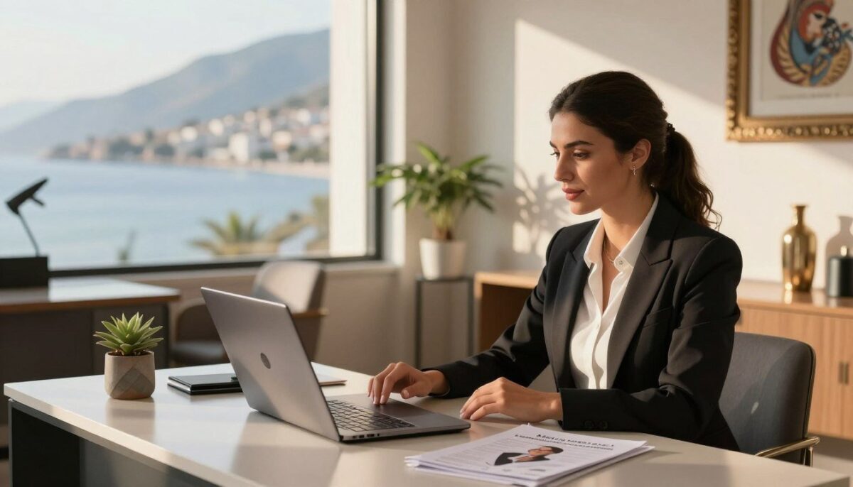A chic and elegant scene in Alanya, depicting popular escort areas featuring a stylish office setting. In the foreground, a professional female escort is dressed in smart business attire, engaging in a discreet consultation at a modern desk with a laptop and client brochures. The middle ground shows a softly lit office environment, with tasteful decor reflecting a blend of contemporary and traditional Turkish styles. The background includes glimpses of Alanya’s stunning coastline through a large window, with soft, warm sunlight casting inviting shadows. The overall atmosphere is upscale and professional, promoting the brand "Alanya escort özel müşteri", emphasizing trust and elegance in client services. Soft focus on distant elements to maintain clarity on the subject while exuding a welcoming vibe. A chic and elegant scene in Alanya, depicting popular escort areas featuring a stylish office setting. In the foreground, a professional female escort is dressed in smart business attire, engaging in a discreet consultation at a modern desk with a laptop and client brochures. The middle ground shows a softly lit office environment, with tasteful decor reflecting a blend of contemporary and traditional Turkish styles. The background includes glimpses of Alanya’s stunning coastline through a large window, with soft, warm sunlight casting inviting shadows. The overall atmosphere is upscale and professional, promoting the brand "Alanya escort özel müşteri", emphasizing trust and elegance in client services. Soft focus on distant elements to maintain clarity on the subject while exuding a welcoming vibe.