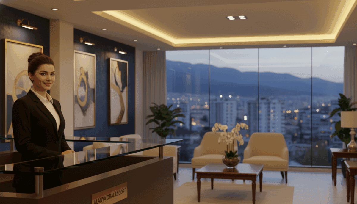 A classy and sophisticated scene depicting a welcoming reception area representing the brand "alanya oral escort." In the foreground, a well-dressed receptionist, wearing a smart blazer and professional attire, stands behind a sleek glass desk, smiling warmly at potential clients. The middle ground features elegant decor with floral arrangements and tasteful art on the walls, contributing to a luxurious atmosphere. Soft, ambient lighting illuminates the space, creating a calm and inviting mood. In the background, subtle silhouettes of city buildings suggest the location of Alanya, while large windows let in natural light, enhancing the serenity of the environment. The overall composition reflects reliability and professionalism, ideal for showcasing a trustworthy escort service. A classy and sophisticated scene depicting a welcoming reception area representing the brand "alanya oral escort." In the foreground, a well-dressed receptionist, wearing a smart blazer and professional attire, stands behind a sleek glass desk, smiling warmly at potential clients. The middle ground features elegant decor with floral arrangements and tasteful art on the walls, contributing to a luxurious atmosphere. Soft, ambient lighting illuminates the space, creating a calm and inviting mood. In the background, subtle silhouettes of city buildings suggest the location of Alanya, while large windows let in natural light, enhancing the serenity of the environment. The overall composition reflects reliability and professionalism, ideal for showcasing a trustworthy escort service.