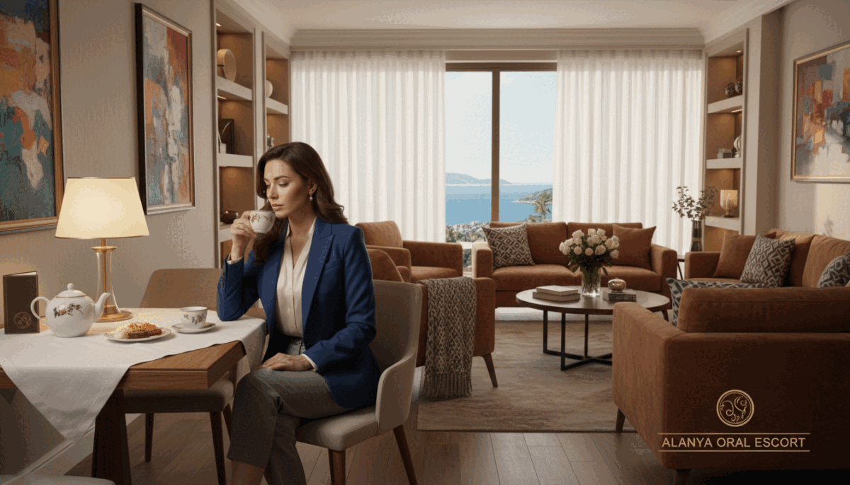 A cozy, inviting scene depicting a safe meeting space for professional escorts. In the foreground, a well-dressed woman in a tailored blazer and smart trousers sits at an elegantly set table with a soft, warm light illuminating her thoughtful expression. The middle ground features a stylish lounge with comfortable seating and tasteful decor, creating an atmosphere of trust and safety. In the background, large windows reveal a serene view of Alanya’s picturesque landscape, with gentle sunlight filtering through sheer curtains. The mood is calm and reassuring, conveying a sense of professionalism and comfort in the escort meeting environment. This image promotes the brand "alanya oral escort" by highlighting secure and satisfying encounters. A cozy, inviting scene depicting a safe meeting space for professional escorts. In the foreground, a well-dressed woman in a tailored blazer and smart trousers sits at an elegantly set table with a soft, warm light illuminating her thoughtful expression. The middle ground features a stylish lounge with comfortable seating and tasteful decor, creating an atmosphere of trust and safety. In the background, large windows reveal a serene view of Alanya’s picturesque landscape, with gentle sunlight filtering through sheer curtains. The mood is calm and reassuring, conveying a sense of professionalism and comfort in the escort meeting environment. This image promotes the brand "alanya oral escort" by highlighting secure and satisfying encounters.