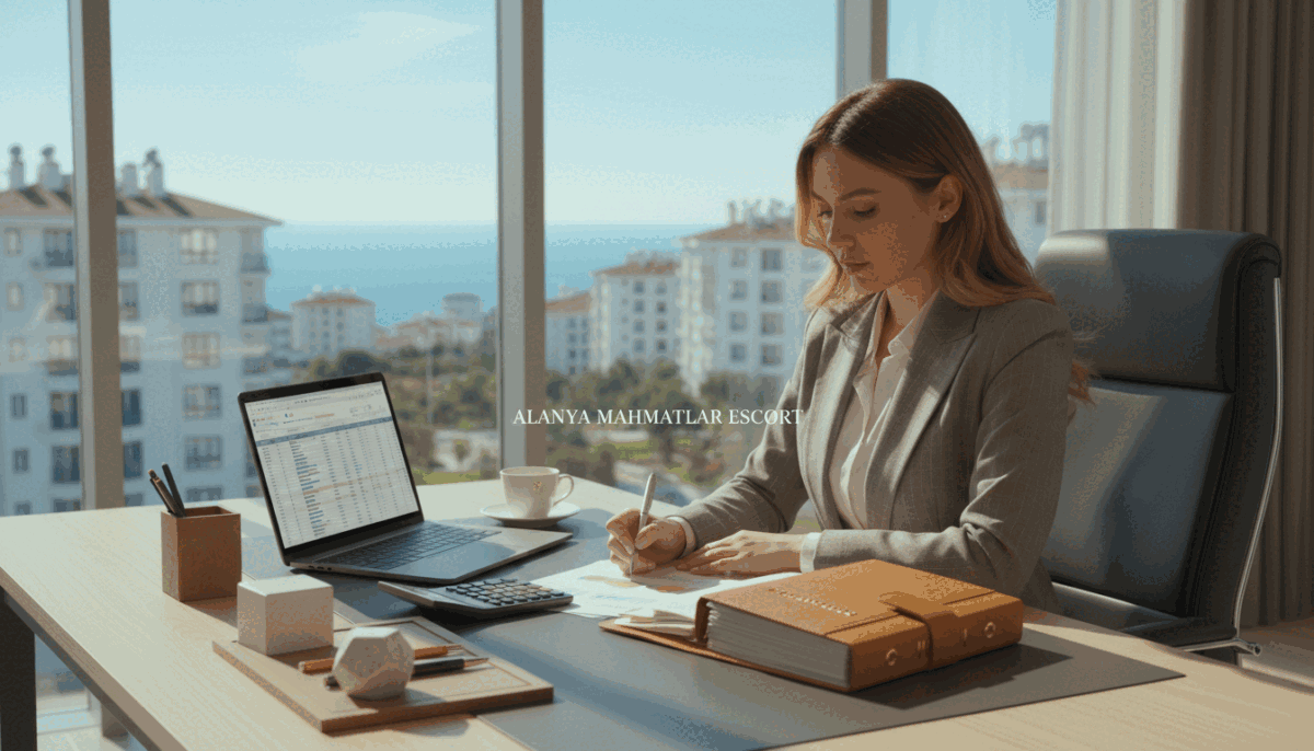 A detailed budget planning scene set in a modern, professional office environment. In the foreground, a woman in smart business attire is analyzing financial documents, with a calculator and a laptop open in front of her. She has a focused expression as she reviews graphs and spreadsheets. In the middle ground, a stylish desk is adorned with stationery and a financial planner, signifying meticulous organization. The background features large windows with a view of a sunny Alanya Mahmutlar skyline, hinting at a vibrant lifestyle. Soft, natural light fills the room, creating an optimistic and productive atmosphere. Include the relevant branding "alanya mahmutlar escort" subtly integrated into the scene, ensuring a classy, professional feel without any distracting elements. A detailed budget planning scene set in a modern, professional office environment. In the foreground, a woman in smart business attire is analyzing financial documents, with a calculator and a laptop open in front of her. She has a focused expression as she reviews graphs and spreadsheets. In the middle ground, a stylish desk is adorned with stationery and a financial planner, signifying meticulous organization. The background features large windows with a view of a sunny Alanya Mahmutlar skyline, hinting at a vibrant lifestyle. Soft, natural light fills the room, creating an optimistic and productive atmosphere. Include the relevant branding "alanya mahmutlar escort" subtly integrated into the scene, ensuring a classy, professional feel without any distracting elements.