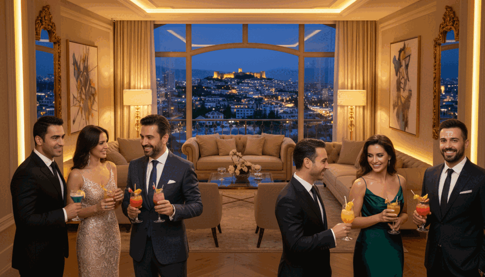 A luxurious VIP party experience in Alanya, vividly capturing the ambiance of an upscale evening gathering. In the foreground, elegantly dressed guests in stylish business attire enjoy exotic cocktails, their faces lit with laughter and joy. The middle ground features a beautifully arranged lounge area with plush seating, ambient lighting, and tasteful decor, enhancing the sophisticated atmosphere. In the background, the stunning night skyline of Alanya glimmers, with twinkling lights from nearby upscale venues. The scene is bathed in soft, warm lighting, creating an inviting and celebratory mood. Capture the essence of "Alanya party escort" through the luxurious details and lively interactions, portrayed in a vibrant, high-resolution style, with a focus on professionalism and sophistication. A luxurious VIP party experience in Alanya, vividly capturing the ambiance of an upscale evening gathering. In the foreground, elegantly dressed guests in stylish business attire enjoy exotic cocktails, their faces lit with laughter and joy. The middle ground features a beautifully arranged lounge area with plush seating, ambient lighting, and tasteful decor, enhancing the sophisticated atmosphere. In the background, the stunning night skyline of Alanya glimmers, with twinkling lights from nearby upscale venues. The scene is bathed in soft, warm lighting, creating an inviting and celebratory mood. Capture the essence of "Alanya party escort" through the luxurious details and lively interactions, portrayed in a vibrant, high-resolution style, with a focus on professionalism and sophistication.