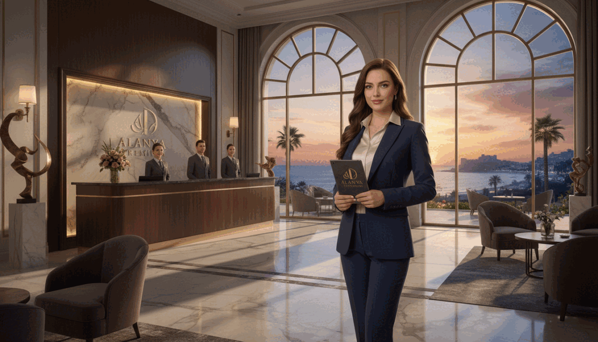 A luxurious and elegant scene depicting the theme of "Alanya Lüks Eskort Seçenekleri." In the foreground, a refined, sophisticated woman dressed in chic business attire stands confidently, showcasing a sense of professionalism and grace. She is in an upscale hotel lobby, adorned with plush furnishings and decorative art. The middle ground features a sleek reception desk with staff dressed in smart uniforms, exuding a welcoming atmosphere. In the background, large windows display a stunning view of Alanya's coastline under a soft golden sunset, casting warm, ambient light throughout the scene. The overall mood is upscale and inviting, reflecting elegance and luxury, ideal for the "alanya escort" brand, emphasizing premium service. A luxurious and elegant scene depicting the theme of "Alanya Lüks Eskort Seçenekleri." In the foreground, a refined, sophisticated woman dressed in chic business attire stands confidently, showcasing a sense of professionalism and grace. She is in an upscale hotel lobby, adorned with plush furnishings and decorative art. The middle ground features a sleek reception desk with staff dressed in smart uniforms, exuding a welcoming atmosphere. In the background, large windows display a stunning view of Alanya's coastline under a soft golden sunset, casting warm, ambient light throughout the scene. The overall mood is upscale and inviting, reflecting elegance and luxury, ideal for the "alanya escort" brand, emphasizing premium service.