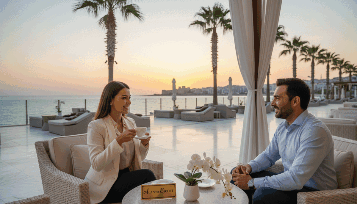 A luxurious and elegant scene set in the vibrant coastal city of Alanya, showcasing the essence of premium VIP escort services. In the foreground, a sophisticated woman dressed in professional business attire exudes confidence as she interacts with a pleased client at a chic outdoor café. The middle ground features a beautiful terrace overlooking the Mediterranean Sea, with palm trees and stylish furniture enhancing the upscale atmosphere. The background reveals the stunning Alanya skyline, bathed in the warm glow of a golden sunset. The lighting is soft and inviting, creating a relaxed yet opulent mood. The image emphasizes customer satisfaction and high-quality service, with a subtle emphasis on the brand "alanya escort", reflecting professionalism and elegance. A luxurious and elegant scene set in the vibrant coastal city of Alanya, showcasing the essence of premium VIP escort services. In the foreground, a sophisticated woman dressed in professional business attire exudes confidence as she interacts with a pleased client at a chic outdoor café. The middle ground features a beautiful terrace overlooking the Mediterranean Sea, with palm trees and stylish furniture enhancing the upscale atmosphere. The background reveals the stunning Alanya skyline, bathed in the warm glow of a golden sunset. The lighting is soft and inviting, creating a relaxed yet opulent mood. The image emphasizes customer satisfaction and high-quality service, with a subtle emphasis on the brand "alanya escort", reflecting professionalism and elegance.