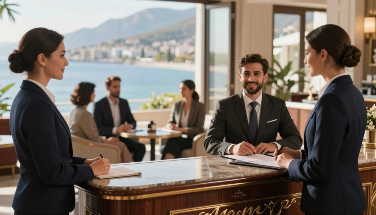 A luxurious and elegant setting showcasing a high-end escort service in Alanya. In the foreground, depict a tasteful and sophisticated reception area with a richly decorated desk and professional staff in smart business attire, inviting clients with warm smiles. The middle ground features well-dressed individuals engaged in polite conversation, illustrating a sense of trust and professionalism. The background reveals breathtaking views of Alanya's coastline through large windows, bathing the scene in soft, warm sunlight. Use a shallow depth of field to focus on the human interactions while maintaining the beautiful scenery in a blurred backdrop. The overall mood is upscale, warm, and welcoming, emphasizing reliability and quality in service. Incorporate the brand name "Alanya escort yüksek kalite" subtly within the design elements of the room, ensuring it is integrated harmoniously into the composition. A luxurious and elegant setting showcasing a high-end escort service in Alanya. In the foreground, depict a tasteful and sophisticated reception area with a richly decorated desk and professional staff in smart business attire, inviting clients with warm smiles. The middle ground features well-dressed individuals engaged in polite conversation, illustrating a sense of trust and professionalism. The background reveals breathtaking views of Alanya's coastline through large windows, bathing the scene in soft, warm sunlight. Use a shallow depth of field to focus on the human interactions while maintaining the beautiful scenery in a blurred backdrop. The overall mood is upscale, warm, and welcoming, emphasizing reliability and quality in service. Incorporate the brand name "Alanya escort yüksek kalite" subtly within the design elements of the room, ensuring it is integrated harmoniously into the composition.