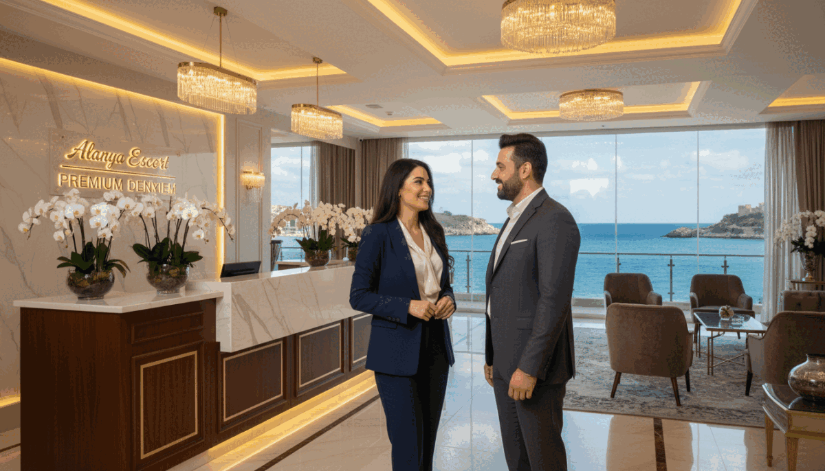 A luxurious and inviting hotel lobby in Alanya, showcasing the essence of premium escort services. In the foreground, a sophisticated professional woman dressed in elegant business attire engages with a client, both wearing warm smiles, exuding a sense of trust and comfort. The middle ground features a stylish reception area with tasteful decor, flowers, and ambient lighting that sets a welcoming atmosphere. In the background, large windows reveal a stunning view of the Mediterranean coastline, enhancing the exclusivity of the scene. The lighting is soft and warm, creating an intimate mood. The brand name "Alanya escort premium deneyim" is subtly integrated into the ambiance. The overall composition captures the promise of customer satisfaction and commitment to fulfilling expectations in a classy and respectful manner. A luxurious and inviting hotel lobby in Alanya, showcasing the essence of premium escort services. In the foreground, a sophisticated professional woman dressed in elegant business attire engages with a client, both wearing warm smiles, exuding a sense of trust and comfort. The middle ground features a stylish reception area with tasteful decor, flowers, and ambient lighting that sets a welcoming atmosphere. In the background, large windows reveal a stunning view of the Mediterranean coastline, enhancing the exclusivity of the scene. The lighting is soft and warm, creating an intimate mood. The brand name "Alanya escort premium deneyim" is subtly integrated into the ambiance. The overall composition captures the promise of customer satisfaction and commitment to fulfilling expectations in a classy and respectful manner.