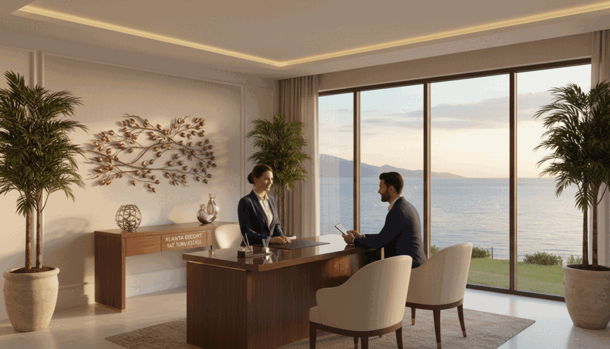 A luxurious and inviting residence in Alanya, showcasing the Alanya escort yat turu eşliği brand. In the foreground, a modern reception area with elegant furniture, including a sleek desk and comfortable seating. A professional receptionist in business attire is attending to clients with a welcoming smile. The middle ground features decorative elements like potted plants and tasteful artwork, creating a warm atmosphere. The background reveals large windows with a beautiful view of the Mediterranean Sea, bathed in soft, golden evening light. The overall mood is sophisticated and serene, reflecting a high-standard service environment. The angle is slightly elevated, providing a comprehensive view of the space and its stylish details. A luxurious and inviting residence in Alanya, showcasing the Alanya escort yat turu eşliği brand. In the foreground, a modern reception area with elegant furniture, including a sleek desk and comfortable seating. A professional receptionist in business attire is attending to clients with a welcoming smile. The middle ground features decorative elements like potted plants and tasteful artwork, creating a warm atmosphere. The background reveals large windows with a beautiful view of the Mediterranean Sea, bathed in soft, golden evening light. The overall mood is sophisticated and serene, reflecting a high-standard service environment. The angle is slightly elevated, providing a comprehensive view of the space and its stylish details.