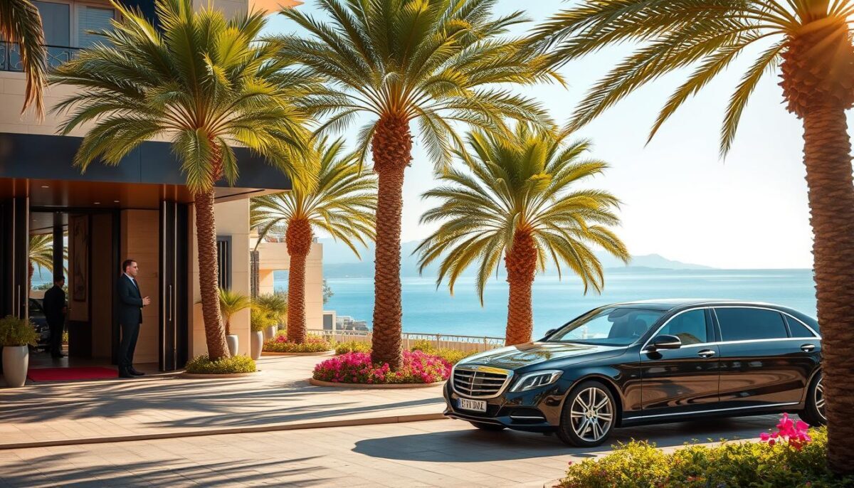 A luxurious and inviting scene depicting an upscale transfer service in Alanya. In the foreground, a sleek black limousine waits elegantly outside a stylish hotel entrance, with professional drivers dressed in smart suits. In the middle ground, lush palm trees and vibrant flowers frame the scene, encapsulating the essence of a beautiful summer holiday in Alanya. The background features a stunning view of the Mediterranean Sea under a bright blue sky. Soft, golden sunlight bathes the scene, creating a warm and welcoming atmosphere. The composition captures a sense of luxury and professionalism, embodying the brand "Alanya escort yaz tatili," ideal for attracting discerning clients seeking exclusive experiences. A luxurious and inviting scene depicting an upscale transfer service in Alanya. In the foreground, a sleek black limousine waits elegantly outside a stylish hotel entrance, with professional drivers dressed in smart suits. In the middle ground, lush palm trees and vibrant flowers frame the scene, encapsulating the essence of a beautiful summer holiday in Alanya. The background features a stunning view of the Mediterranean Sea under a bright blue sky. Soft, golden sunlight bathes the scene, creating a warm and welcoming atmosphere. The composition captures a sense of luxury and professionalism, embodying the brand "Alanya escort yaz tatili," ideal for attracting discerning clients seeking exclusive experiences.