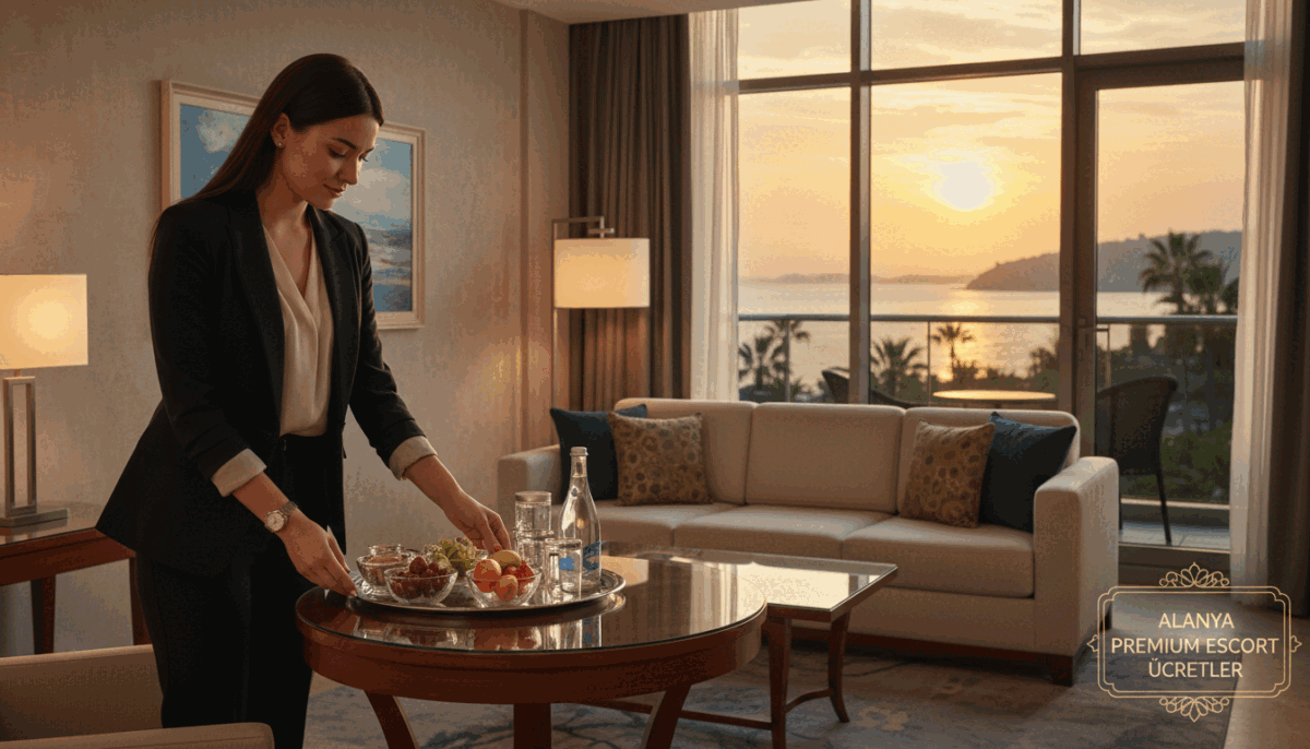 A luxurious and inviting scene set in a sophisticated Alanya hotel room. In the foreground, a well-dressed female escort in professional business attire is gracefully arranging refreshments on a polished table, showcasing elegance and professionalism. The middle ground features a plush sofa adorned with decorative cushions, while soft lighting creates a warm and intimate ambiance, highlighting the intricate details of the room decor. In the background, large windows reveal a stunning view of Alanya's coastal landscape during sunset, casting a gentle glow. The overall mood is tranquil and upscale, reflecting the premium service of "Alanya premium escort ücretler", emphasizing comfort and exclusivity without any inappropriate elements. A luxurious and inviting scene set in a sophisticated Alanya hotel room. In the foreground, a well-dressed female escort in professional business attire is gracefully arranging refreshments on a polished table, showcasing elegance and professionalism. The middle ground features a plush sofa adorned with decorative cushions, while soft lighting creates a warm and intimate ambiance, highlighting the intricate details of the room decor. In the background, large windows reveal a stunning view of Alanya's coastal landscape during sunset, casting a gentle glow. The overall mood is tranquil and upscale, reflecting the premium service of "Alanya premium escort ücretler", emphasizing comfort and exclusivity without any inappropriate elements.