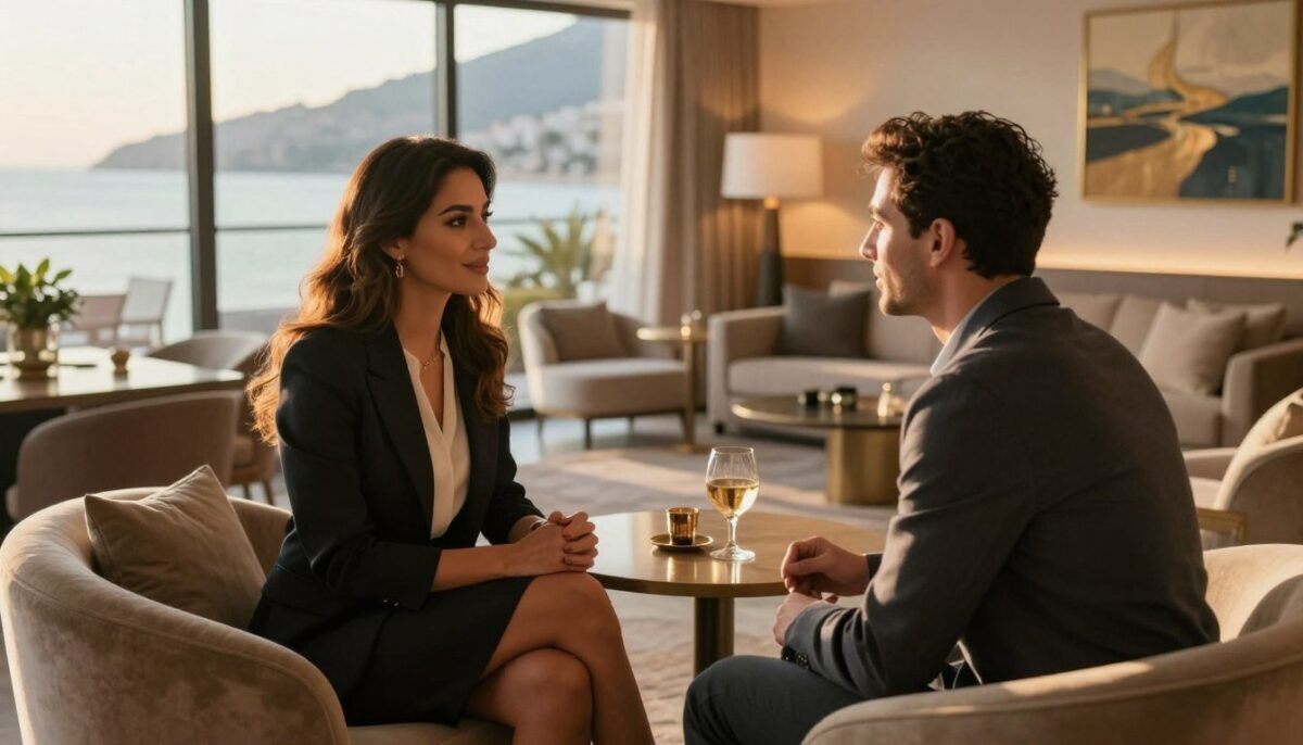 A luxurious and inviting scene showcasing the essence of "Alanya escort özel müşteri". In the foreground, a sophisticated, elegantly dressed female companion in a chic business attire engages in a warm conversation with a casually dressed client, both exuding confidence and charm. The middle ground features a tastefully decorated upscale lounge area, embellished with plush furnishings, ambient lighting, and contemporary art, creating an upscale atmosphere. In the background, the stunning Alanya coastline is visible through large windows, bathed in golden sunlight, adding to the exclusivity of the setting. The mood is classy and professional, emphasizing high standards and luxurious service. The composition should be captured from a slightly elevated angle with soft focus, accentuating the inviting ambiance while ensuring all elements convey refinement and professionalism. A luxurious and inviting scene showcasing the essence of "Alanya escort özel müşteri". In the foreground, a sophisticated, elegantly dressed female companion in a chic business attire engages in a warm conversation with a casually dressed client, both exuding confidence and charm. The middle ground features a tastefully decorated upscale lounge area, embellished with plush furnishings, ambient lighting, and contemporary art, creating an upscale atmosphere. In the background, the stunning Alanya coastline is visible through large windows, bathed in golden sunlight, adding to the exclusivity of the setting. The mood is classy and professional, emphasizing high standards and luxurious service. The composition should be captured from a slightly elevated angle with soft focus, accentuating the inviting ambiance while ensuring all elements convey refinement and professionalism.