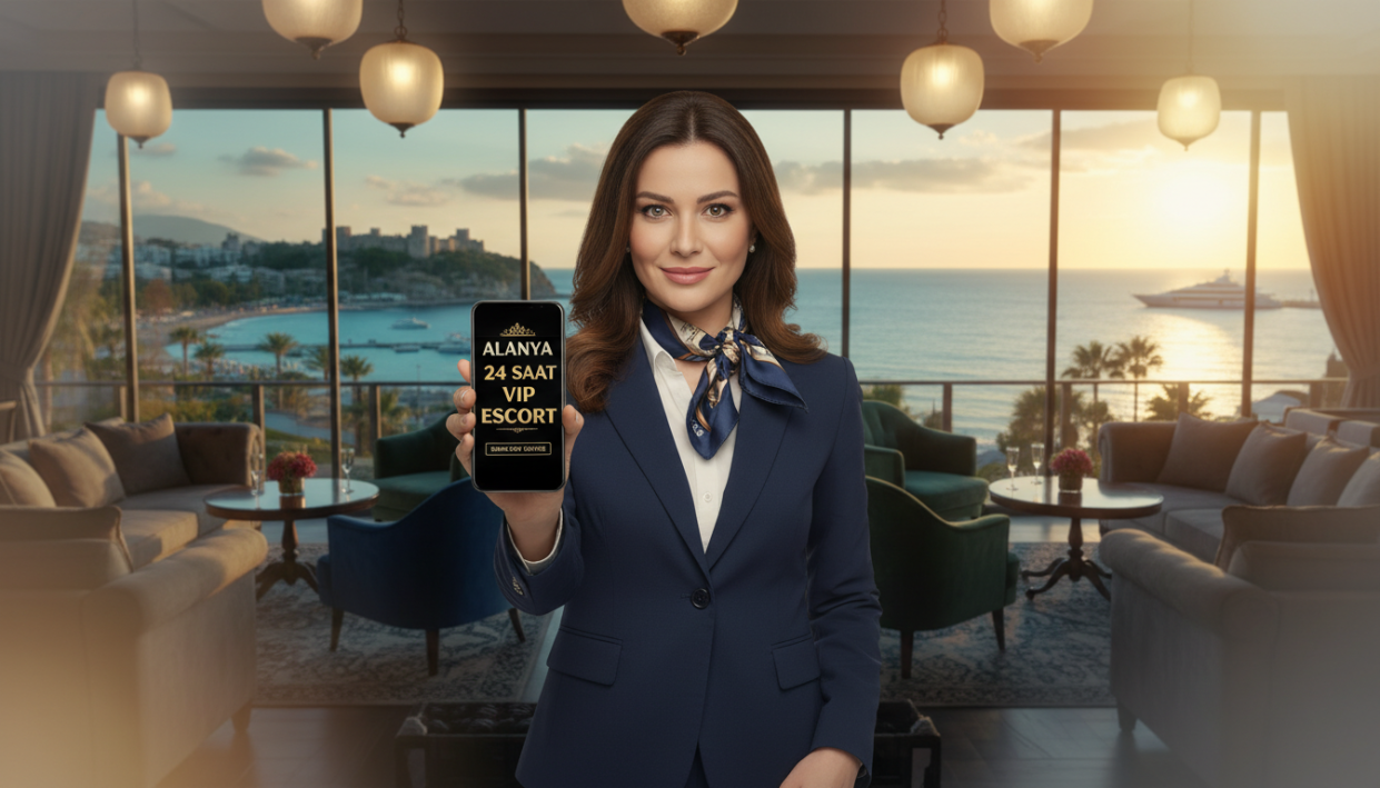 A luxurious and inviting setting depicting an upscale lounge in Alanya, showcasing a stylish and professional atmosphere. In the foreground, a well-dressed individual representing "Alanya 24 saat vip escort" holds a smartphone, conveying the idea of convenient, same-day service. The individual is wearing business attire, radiating confidence and professionalism. In the middle ground, elegant furniture and soft, ambient lighting create an inviting space for potential clients. The background features large windows with a view of the Mediterranean sea, offering a glimpse of the vibrant Alanya coastline. The overall mood is sophisticated and reassuring, highlighting the importance of making smart choices in escort services. The image should be captured with a soft focus lens to enhance the warmth of the setting.