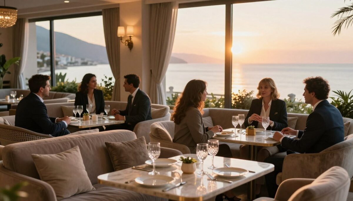 A luxurious and inviting setting showcasing "Alanya escort premium konfor" services. In the foreground, a stylishly decorated lounge area with plush sofas and elegant decor emphasizes comfort. A table is adorned with refined dining arrangements, including fine china and sparkling glassware, suggesting an upscale experience. In the middle, diverse professionals in business attire engage in conversation, exuding confidence and sophistication while maintaining an air of professionalism. The background reveals a serene view of Alanya's coastline, with the sun setting, casting warm golden light through large windows. The scene should have a tranquil yet engaging atmosphere, emphasizing companionship and enjoyment within a high-end social context. Use soft focus and a slightly elevated angle to capture the elegance and prestige of the moment. A luxurious and inviting setting showcasing "Alanya escort premium konfor" services. In the foreground, a stylishly decorated lounge area with plush sofas and elegant decor emphasizes comfort. A table is adorned with refined dining arrangements, including fine china and sparkling glassware, suggesting an upscale experience. In the middle, diverse professionals in business attire engage in conversation, exuding confidence and sophistication while maintaining an air of professionalism. The background reveals a serene view of Alanya's coastline, with the sun setting, casting warm golden light through large windows. The scene should have a tranquil yet engaging atmosphere, emphasizing companionship and enjoyment within a high-end social context. Use soft focus and a slightly elevated angle to capture the elegance and prestige of the moment.