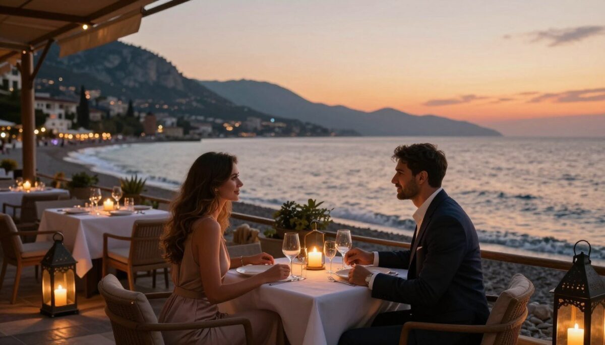 A luxurious and romantic scene in Alanya, showcasing an elegant couple enjoying a sunset at a picturesque seaside restaurant. In the foreground, the couple is dressed in formal evening attire, exuding sophistication and charm. The woman wears a fashionable, modest dress, while the man is in a tailored suit. In the middle ground, the ambience is enhanced with softly lit lanterns and a beautifully set table adorned with fine dining elements, such as candles and exquisite tableware. The background features the stunning coastline of Alanya, with gentle waves lapping at the shore and dramatic cliffs silhouetted against a vibrant sunset sky. The mood is warm and intimate, with an inviting atmosphere emphasizing romance and luxury. The scene reflects the elegance of “Alanya escort özel müşteri,” perfect for those seeking memorable romantic moments in Alanya. A luxurious and romantic scene in Alanya, showcasing an elegant couple enjoying a sunset at a picturesque seaside restaurant. In the foreground, the couple is dressed in formal evening attire, exuding sophistication and charm. The woman wears a fashionable, modest dress, while the man is in a tailored suit. In the middle ground, the ambience is enhanced with softly lit lanterns and a beautifully set table adorned with fine dining elements, such as candles and exquisite tableware. The background features the stunning coastline of Alanya, with gentle waves lapping at the shore and dramatic cliffs silhouetted against a vibrant sunset sky. The mood is warm and intimate, with an inviting atmosphere emphasizing romance and luxury. The scene reflects the elegance of “Alanya escort özel müşteri,” perfect for those seeking memorable romantic moments in Alanya.