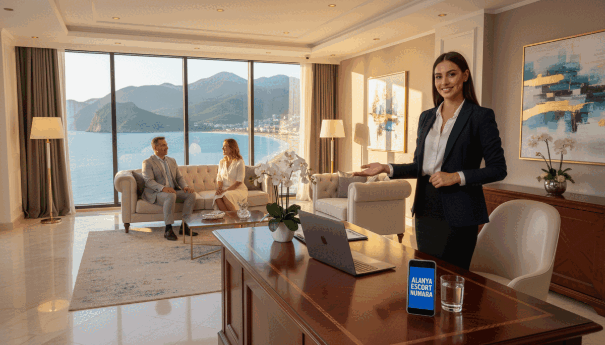 A luxurious and welcoming reception area showcasing a professional service company representative in a smart business attire. In the foreground, a polished wooden desk adorned with a sleek laptop and a phone displaying the brand name "Alanya escort numara." The middle section features a friendly and attractive personnel, engaging with clients, exuding confidence and professionalism. In the background, large windows reveal a picturesque view of Alanya's stunning coastline and mountains, bathed in warm sunlight. The atmosphere is inviting and sophisticated, with soft ambient lighting that enhances warmth. Capture the scene from a slightly elevated angle to emphasize the interaction between the representative and clients, ensuring a sense of trust and professionalism throughout the composition. A luxurious and welcoming reception area showcasing a professional service company representative in a smart business attire. In the foreground, a polished wooden desk adorned with a sleek laptop and a phone displaying the brand name "Alanya escort numara." The middle section features a friendly and attractive personnel, engaging with clients, exuding confidence and professionalism. In the background, large windows reveal a picturesque view of Alanya's stunning coastline and mountains, bathed in warm sunlight. The atmosphere is inviting and sophisticated, with soft ambient lighting that enhances warmth. Capture the scene from a slightly elevated angle to emphasize the interaction between the representative and clients, ensuring a sense of trust and professionalism throughout the composition.